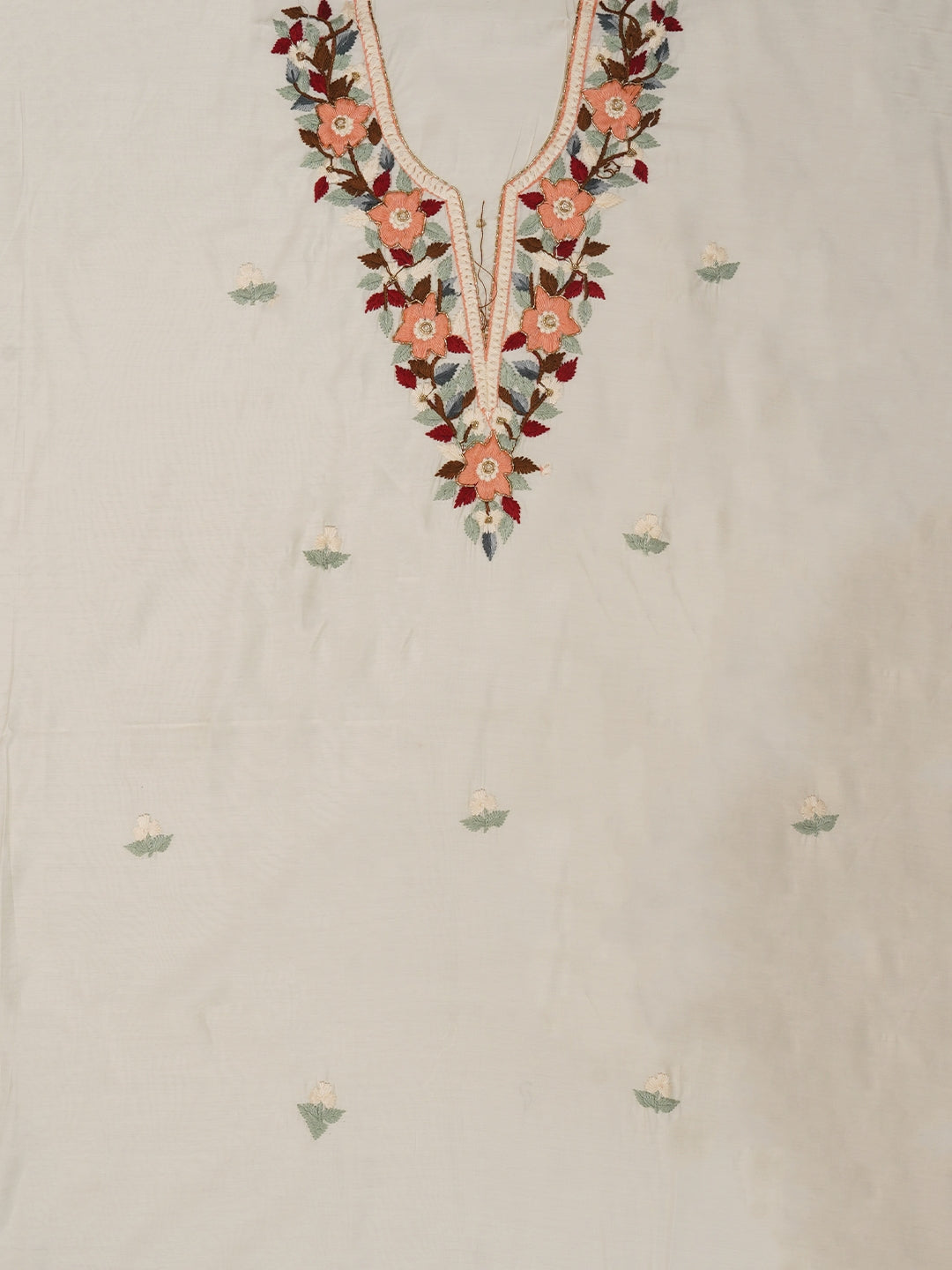 Off White Pure Silk Lucknowi Embroidered Dress Material with Dupatta
