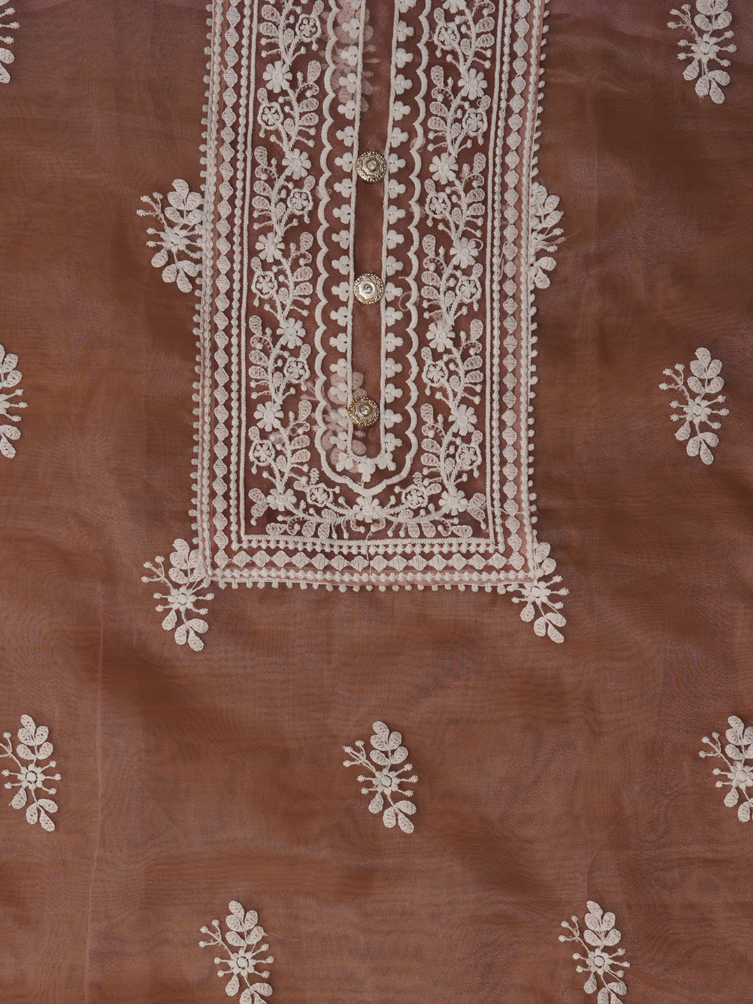 Unstitched Peach Embroidered Organza Dress Material With Dupatta