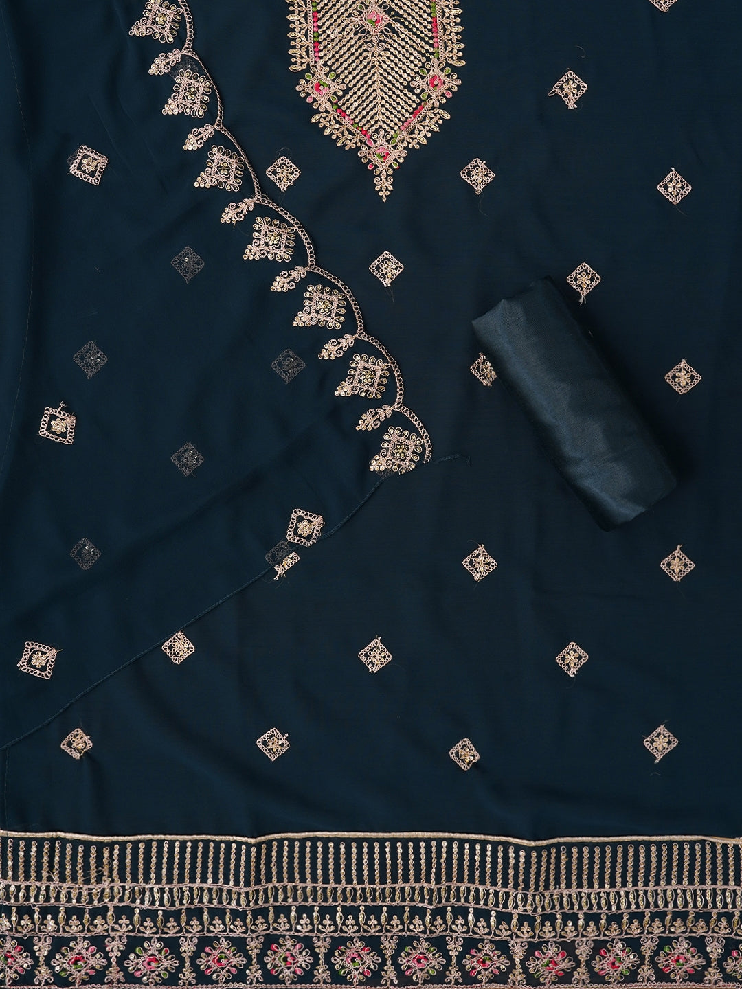 Teal Zari Silk Georgette Dress Material with Dupatta