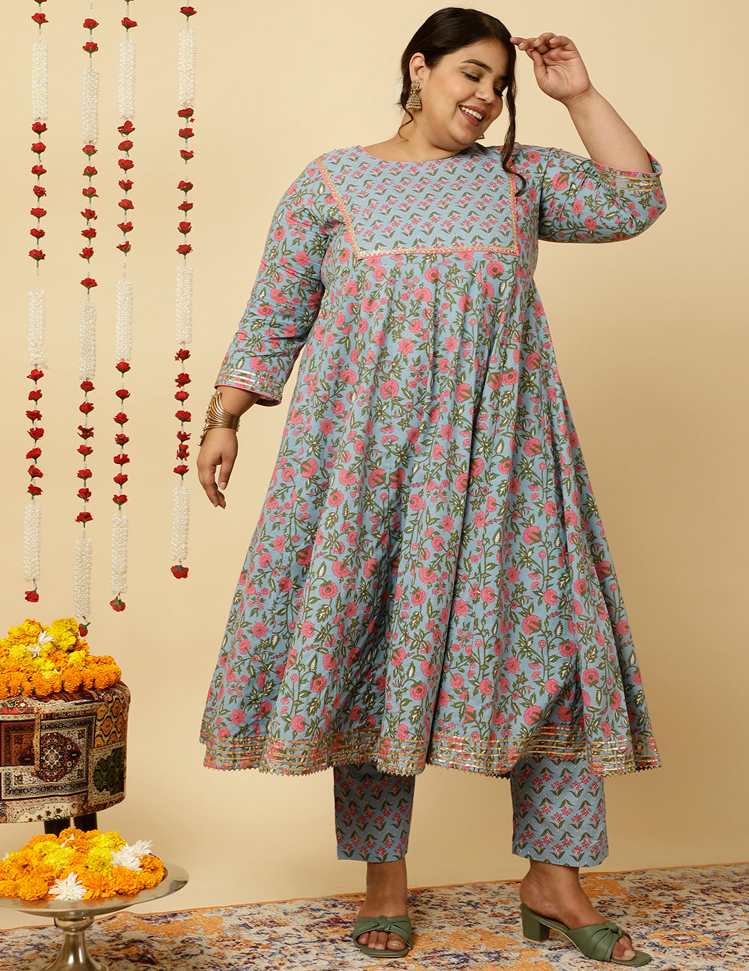 Plus Size Blue Ethnic Print Anarkali Kurta With Pants And Dupatta
