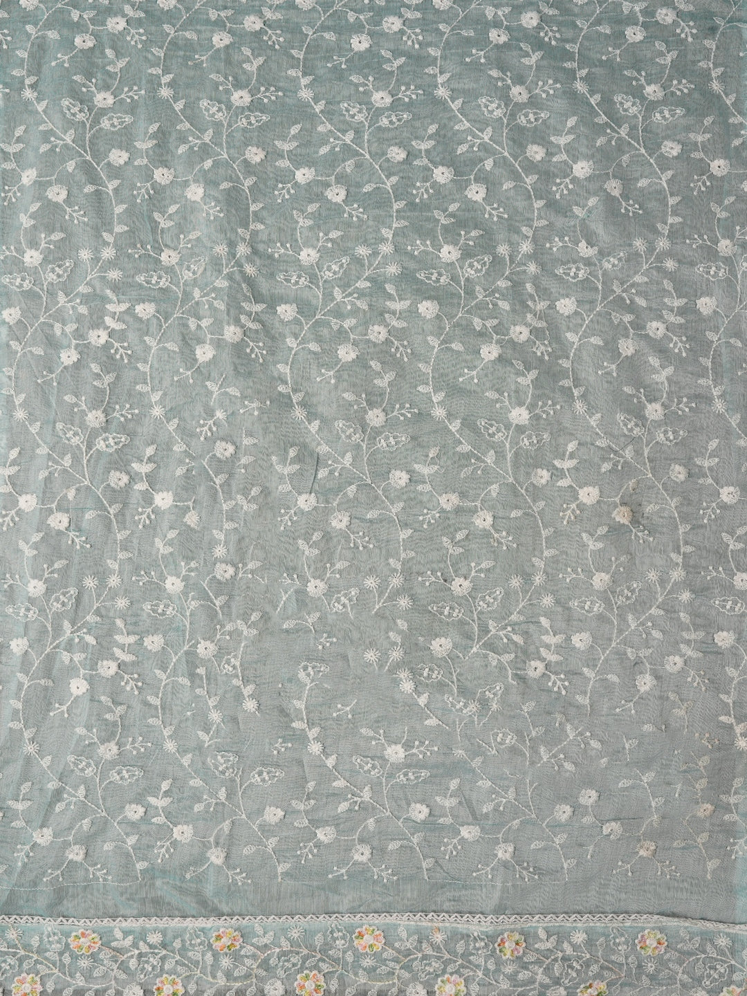 Sea Green Cotton Lucknowi Embroidered Dress Material with Dupatta