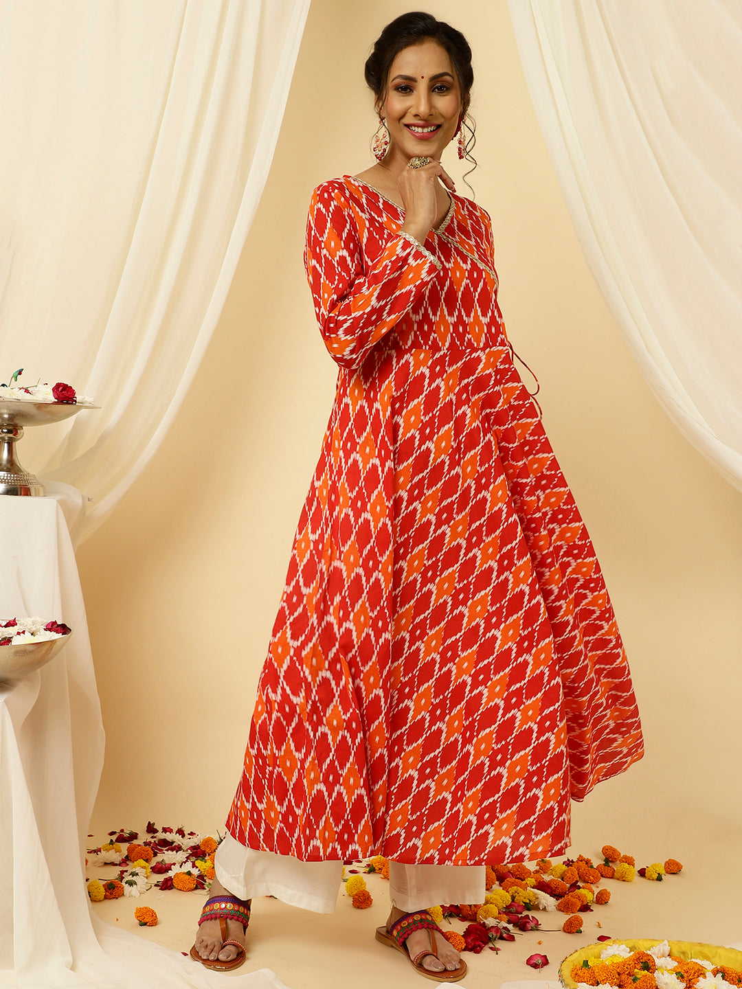 Red Ikat Printed Angrakha Kurta