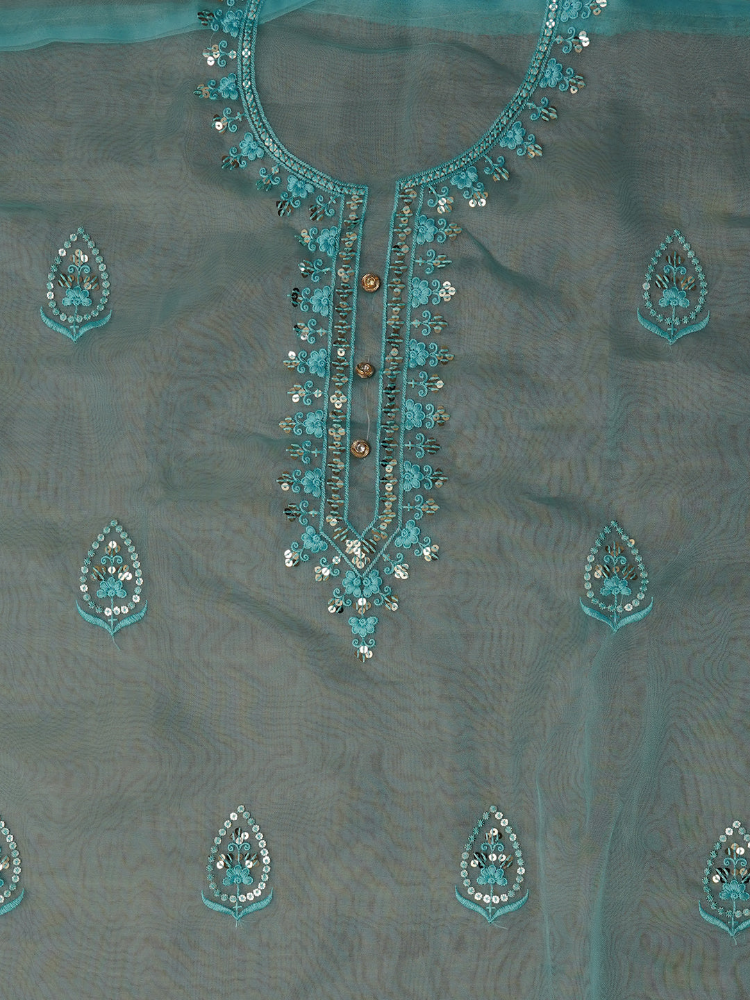 Sea Green Unstitched Embroidered Organza Dress Material With Dupatta