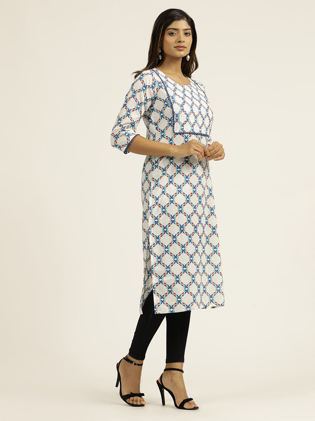 Cotton Blue Ethnic Printed White Straight Kurta
