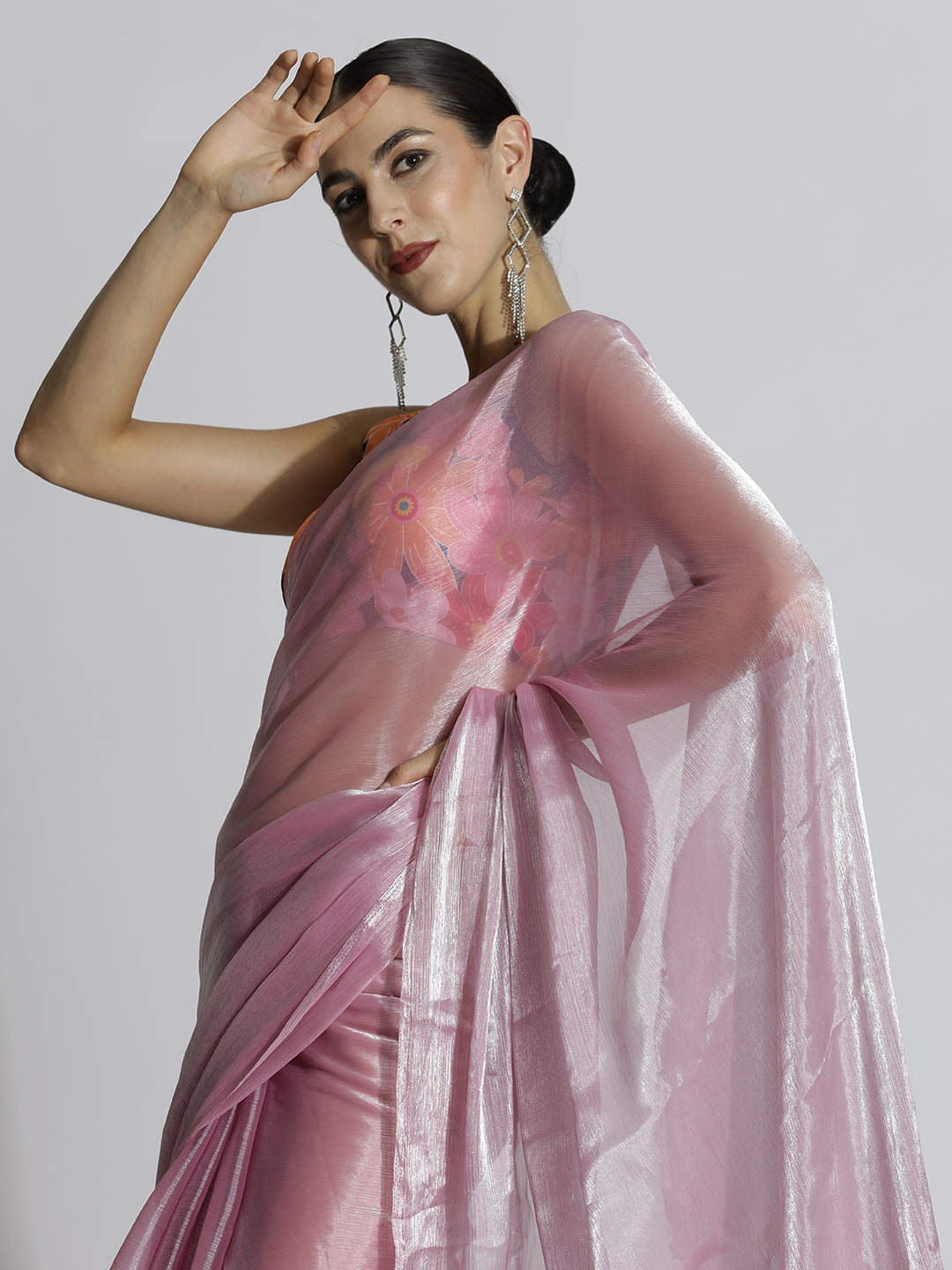 Pink Festive Tissue Solid Saree