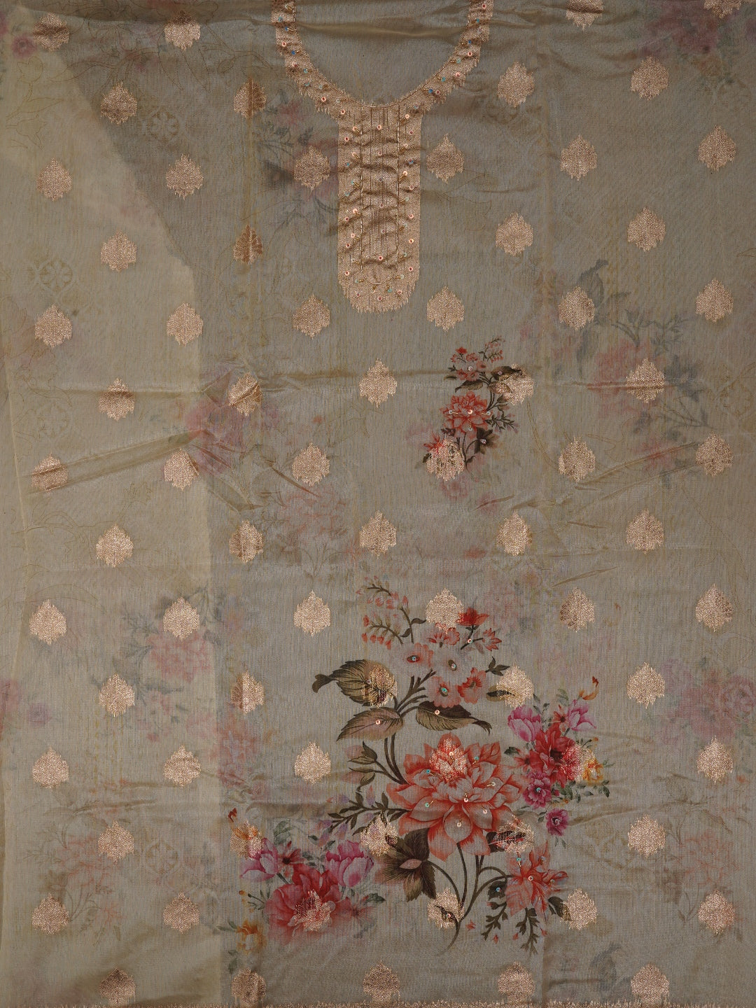 Beige Floral Printed Embellished Organza Dress Material with Dupatta