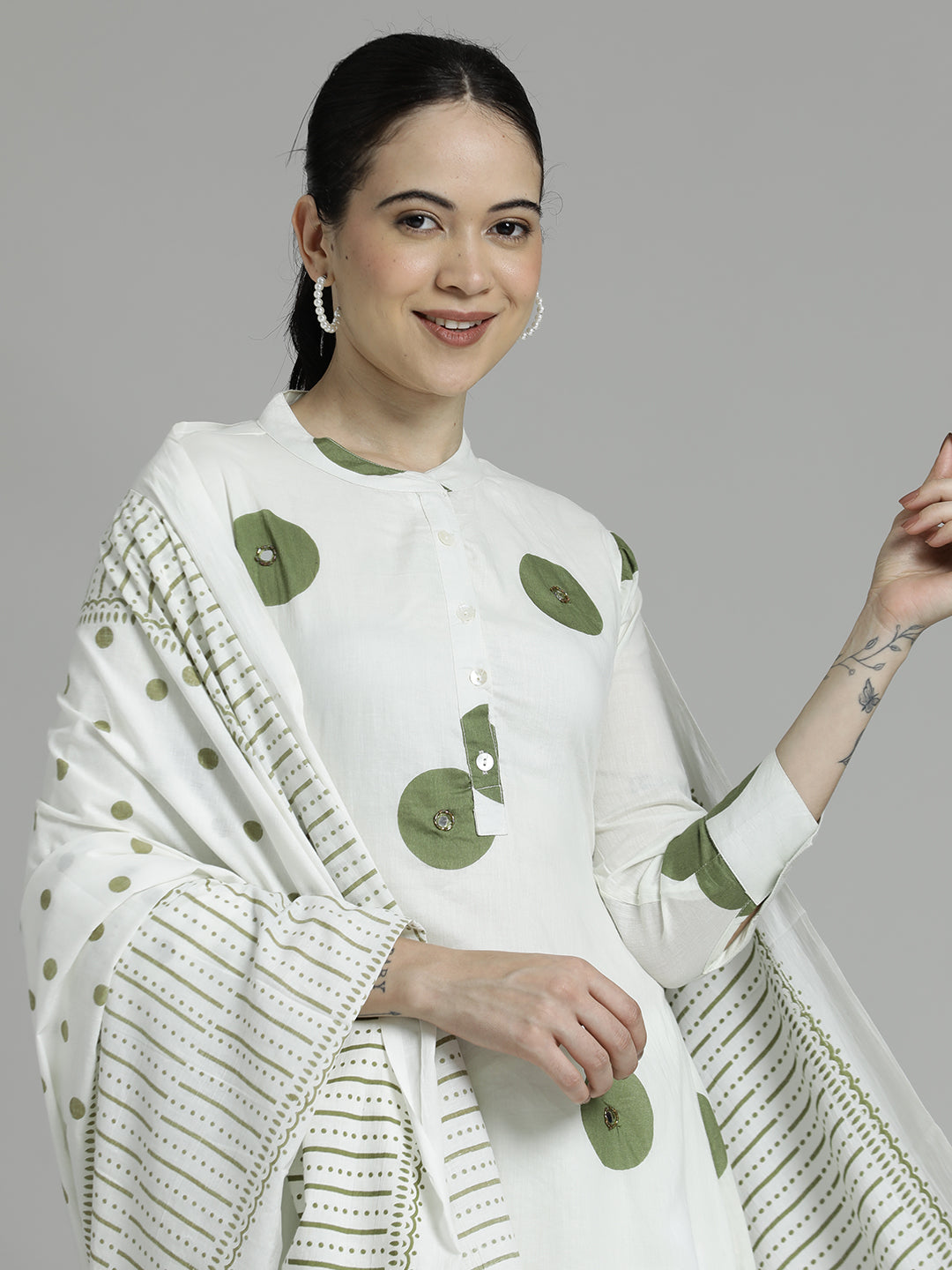 Printed Pure Cotton A-line White Suit Set