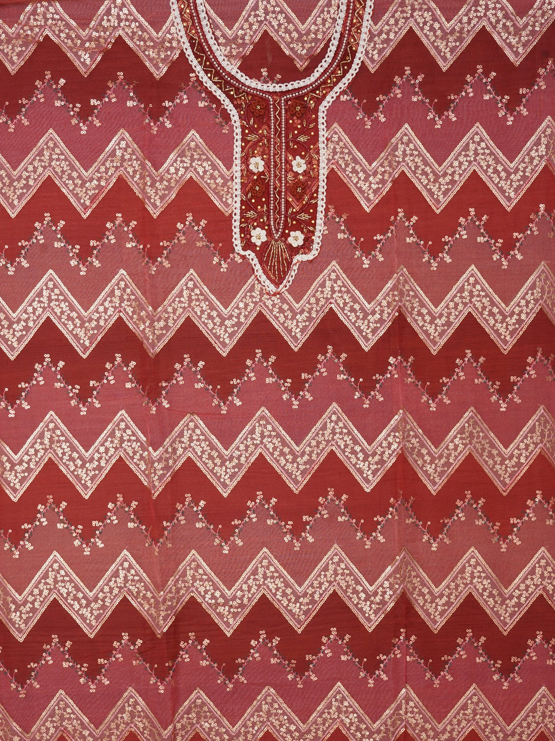 Red Sequin Embroidered Organza Dress Material with Dupatta