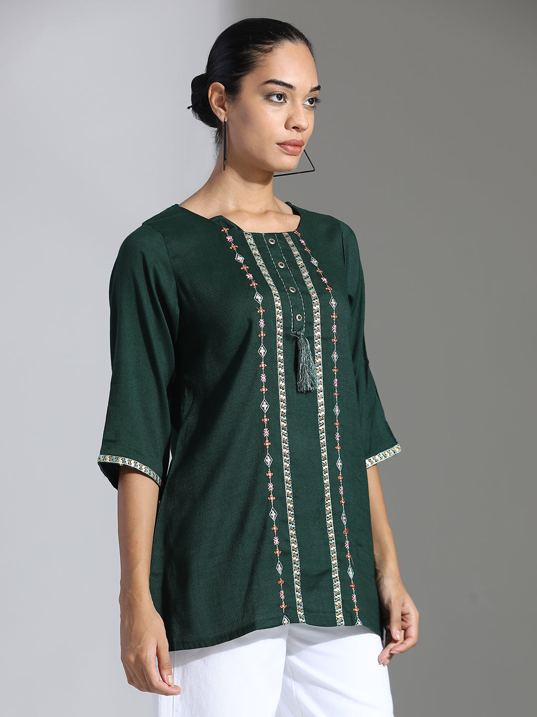 Bottle Green Embroidered Party Wear A-line Top