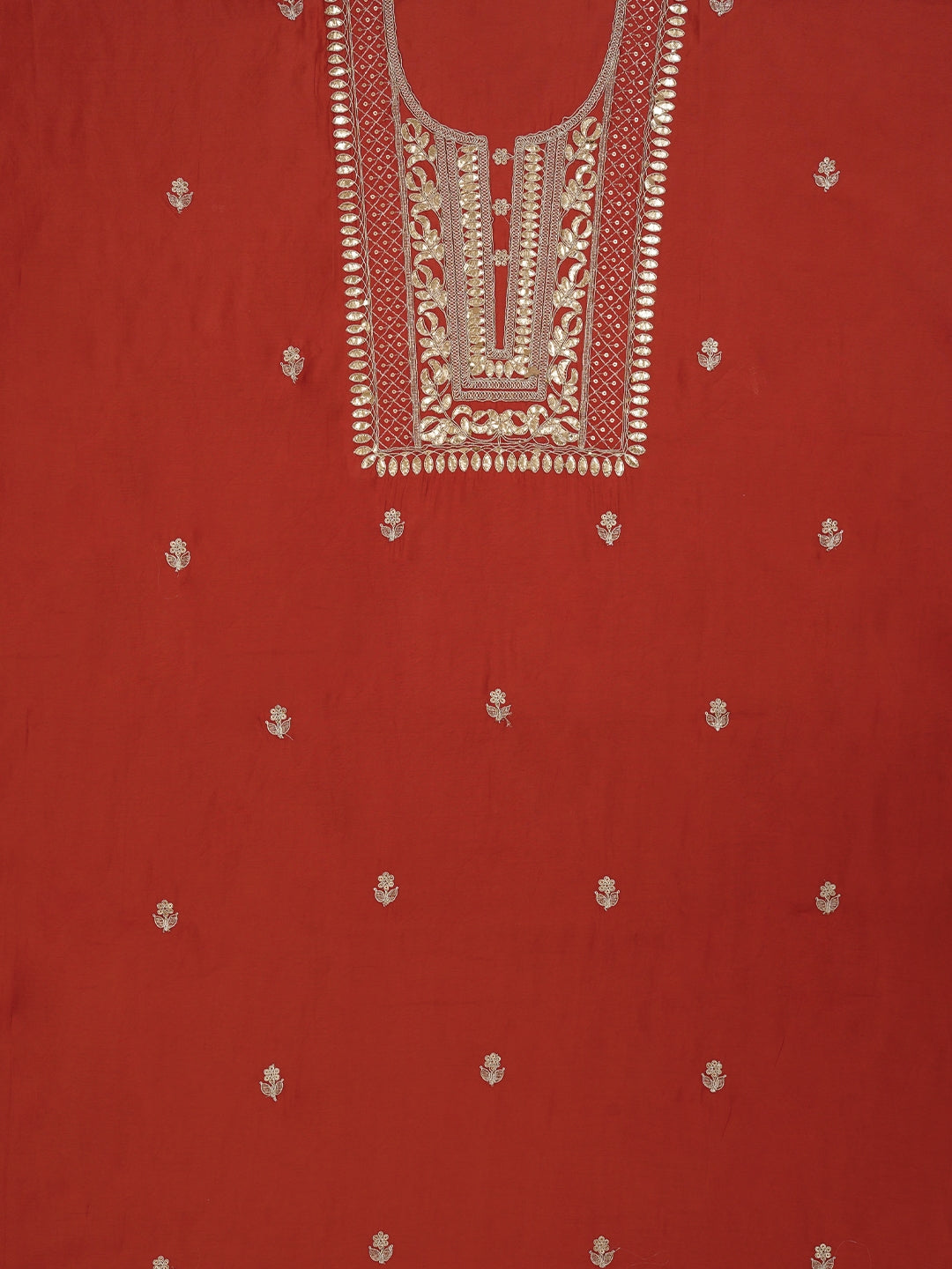 Rust Handpainted Embroidered Pure Silk Dress Material with Dupatta