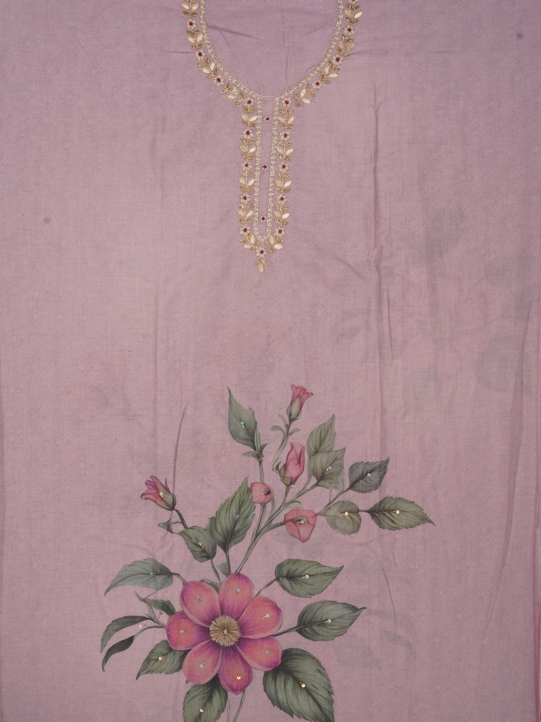 Pink Embellished Floral Printed Cotton Blend Dress Material with Dupatta