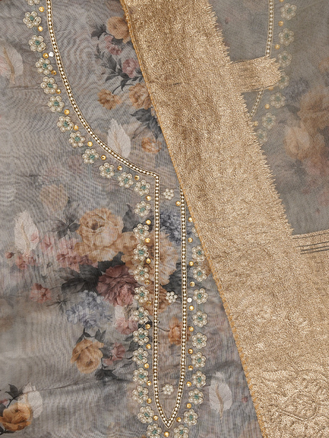 Sea Green Embellished Floral Printed Organza Dress Material with Dupatta