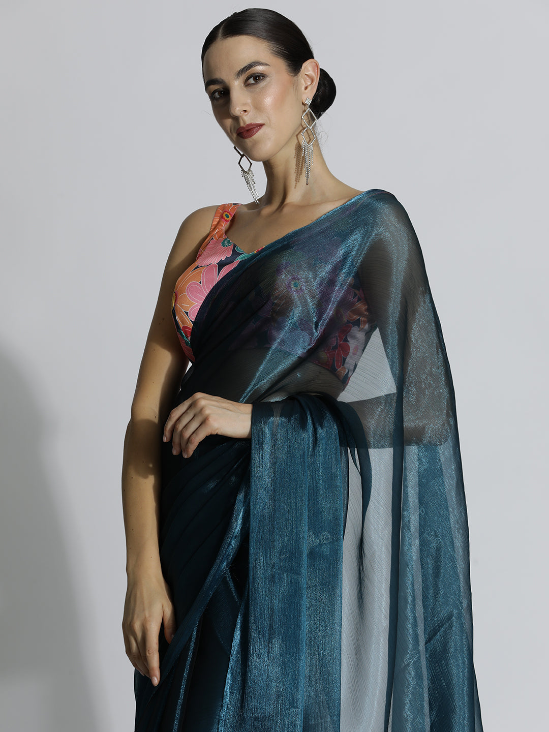 Teal Festive Tissue Solid Saree