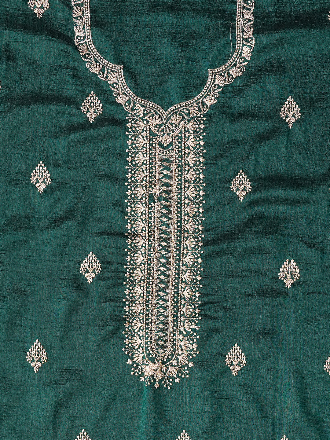 Unstitched Green Embroidered Silk Blend Dress Material With Dupatta