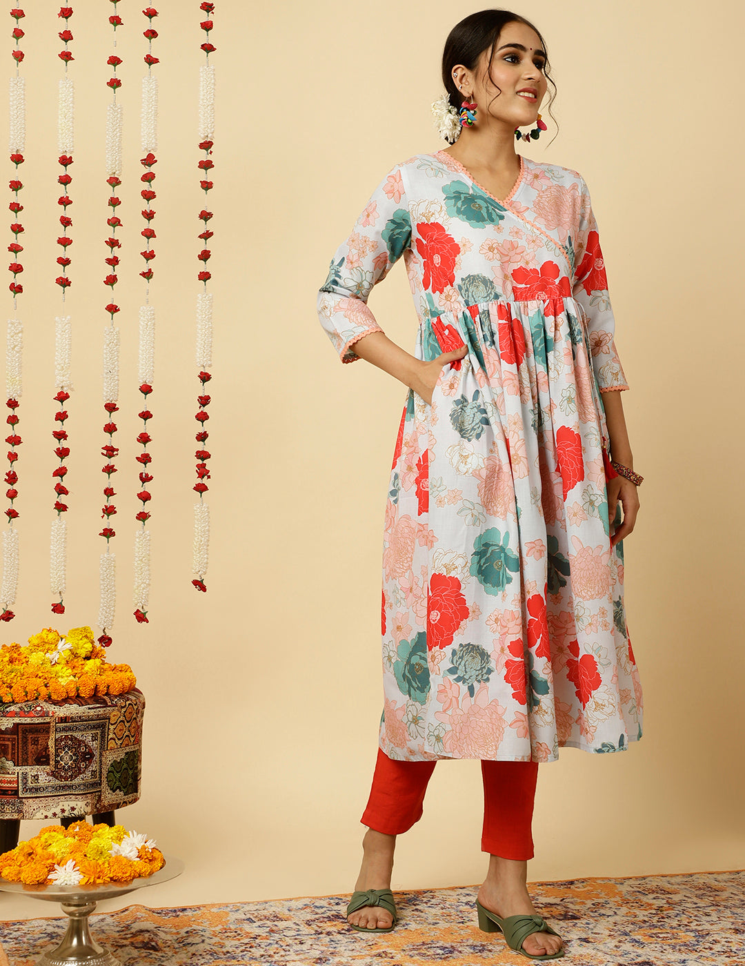 Light Blue Floral Printed Gathered Angrakha Kurta
