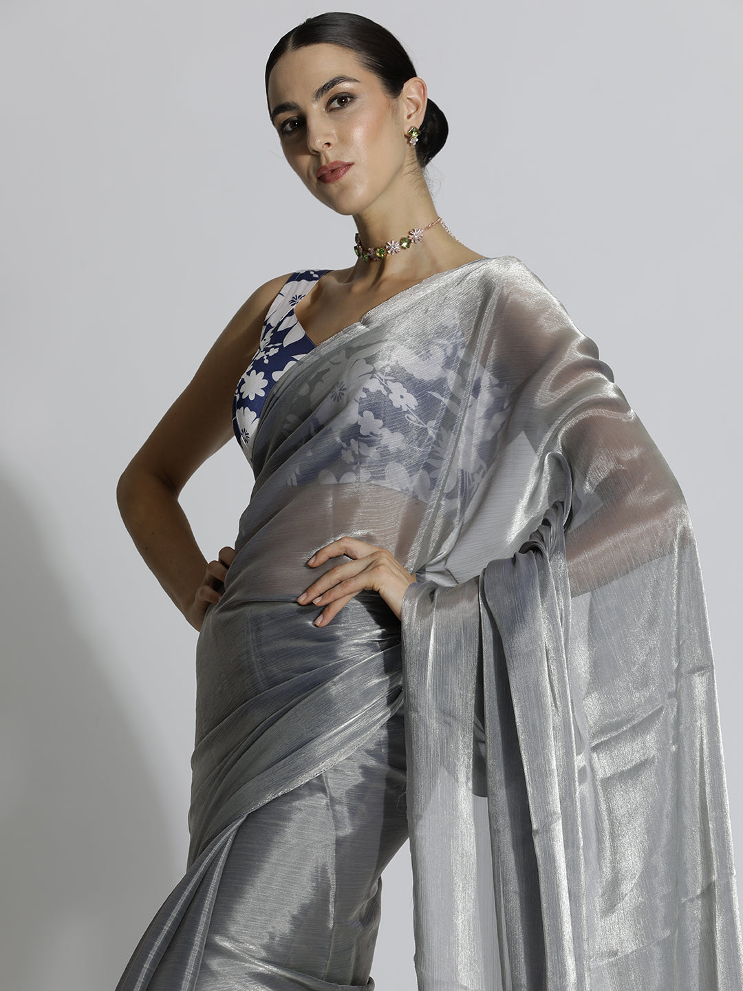 Grey Festive Tissue Solid Saree