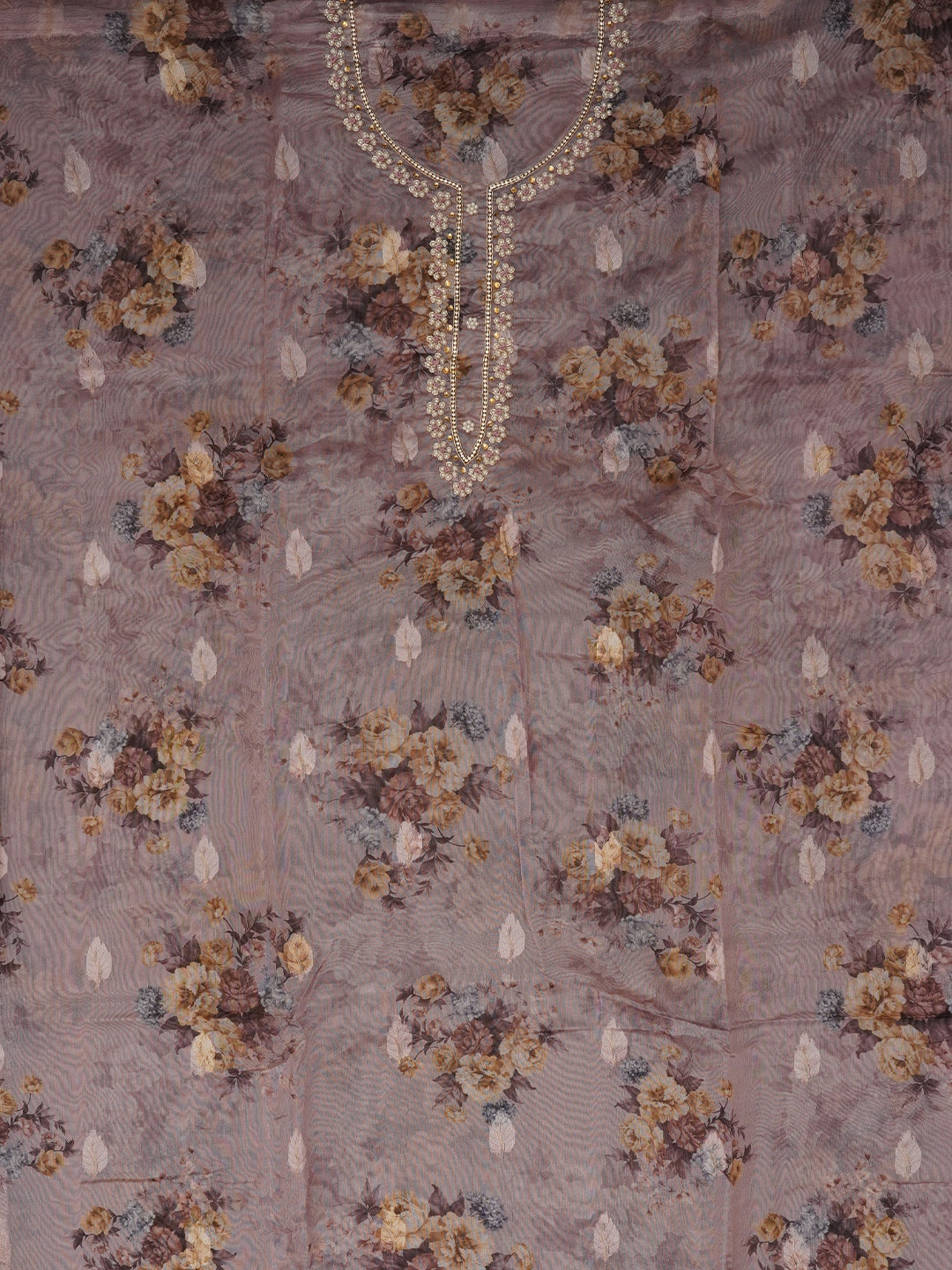 Rose Gold Embellished Floral Printed Organza Dress Material with Dupatta
