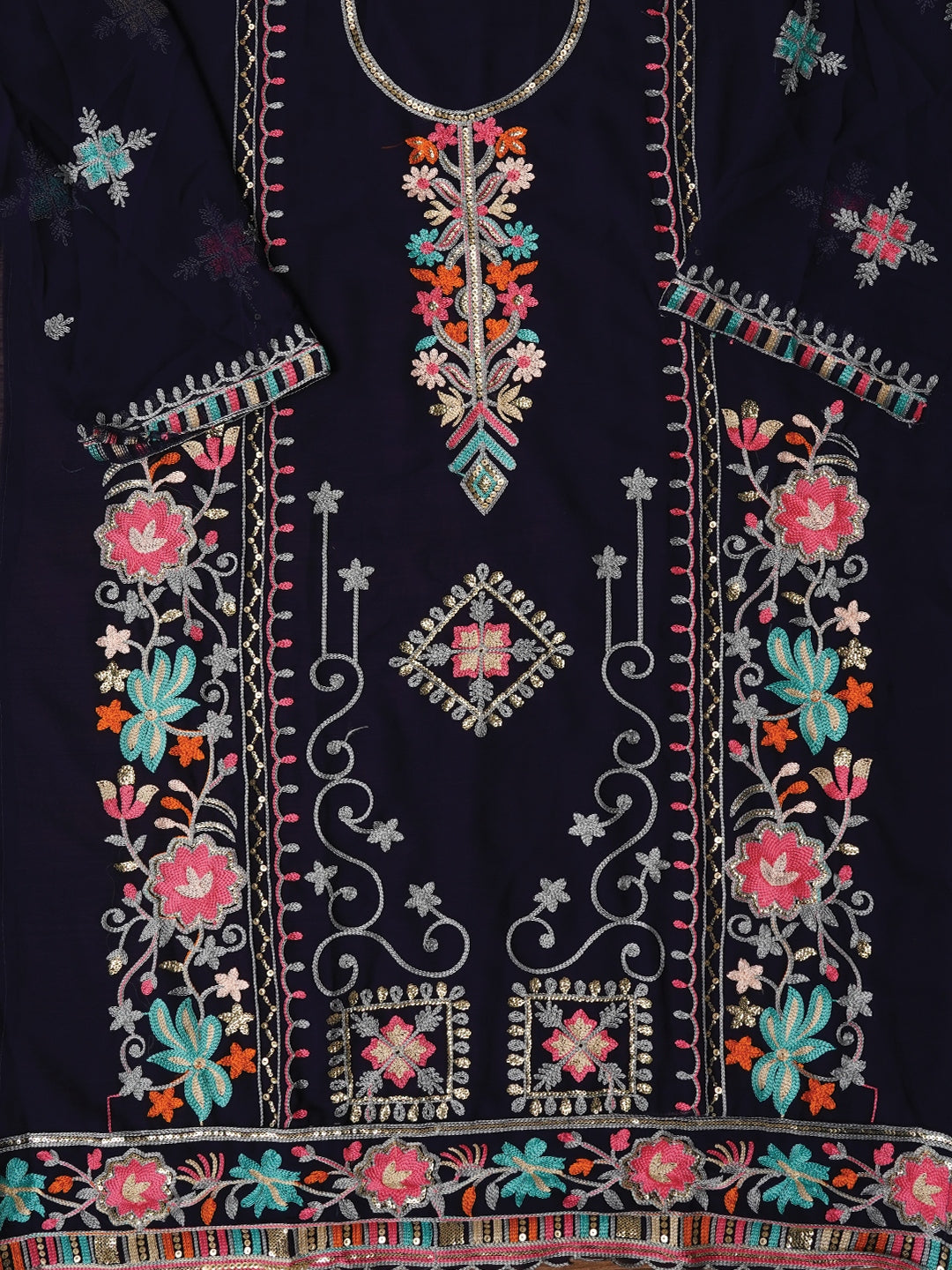 Blue Sequin Embroidered Silk Georgette Dress Material with Dupatta