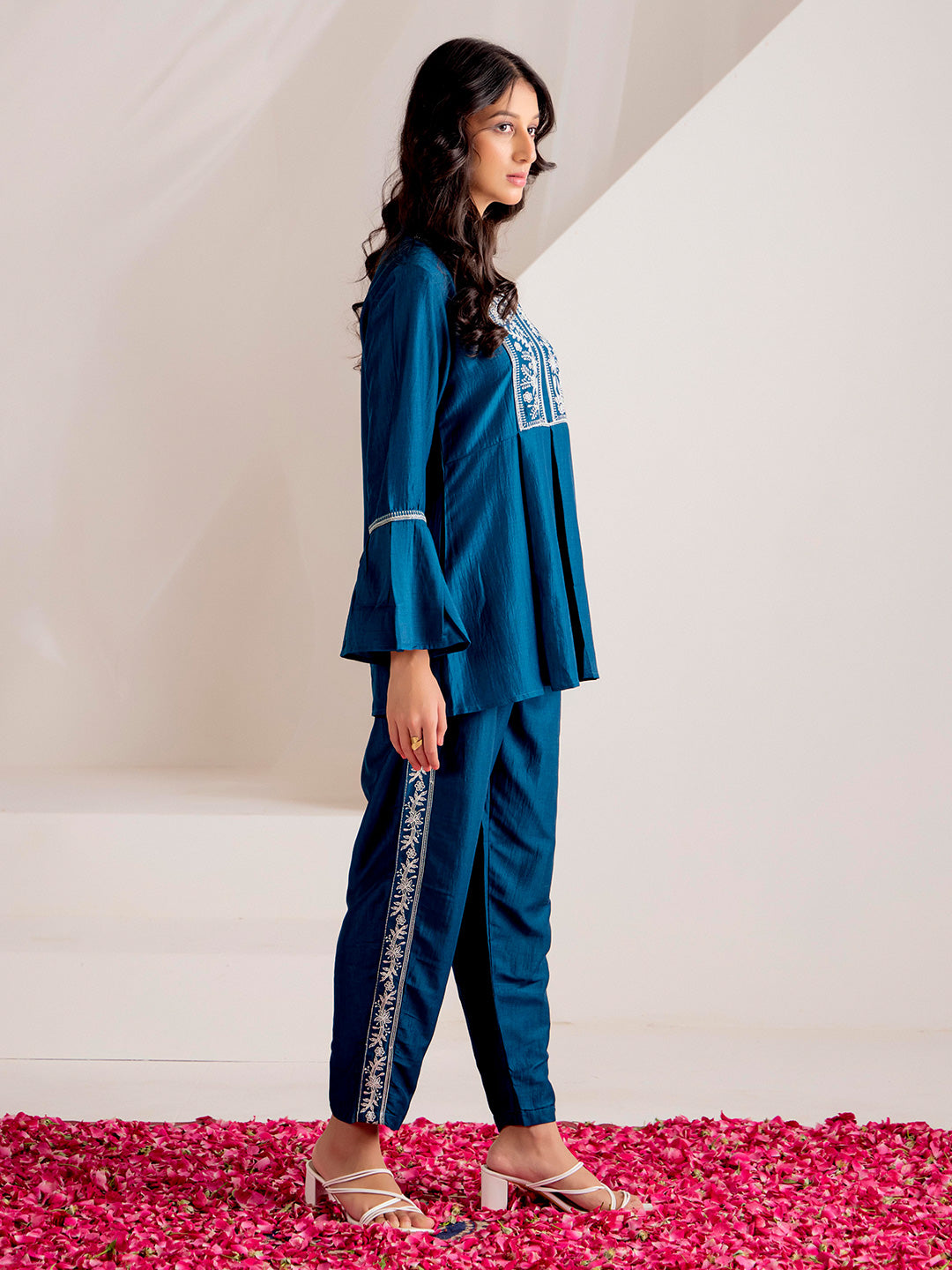 Teal Chinon Floral Embroidered Top With Trousers Co-ord Set