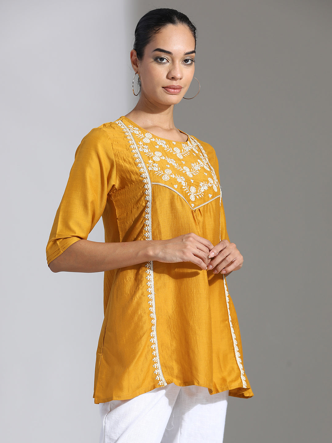 Mustard Embroidered Party Wear Gathered Top