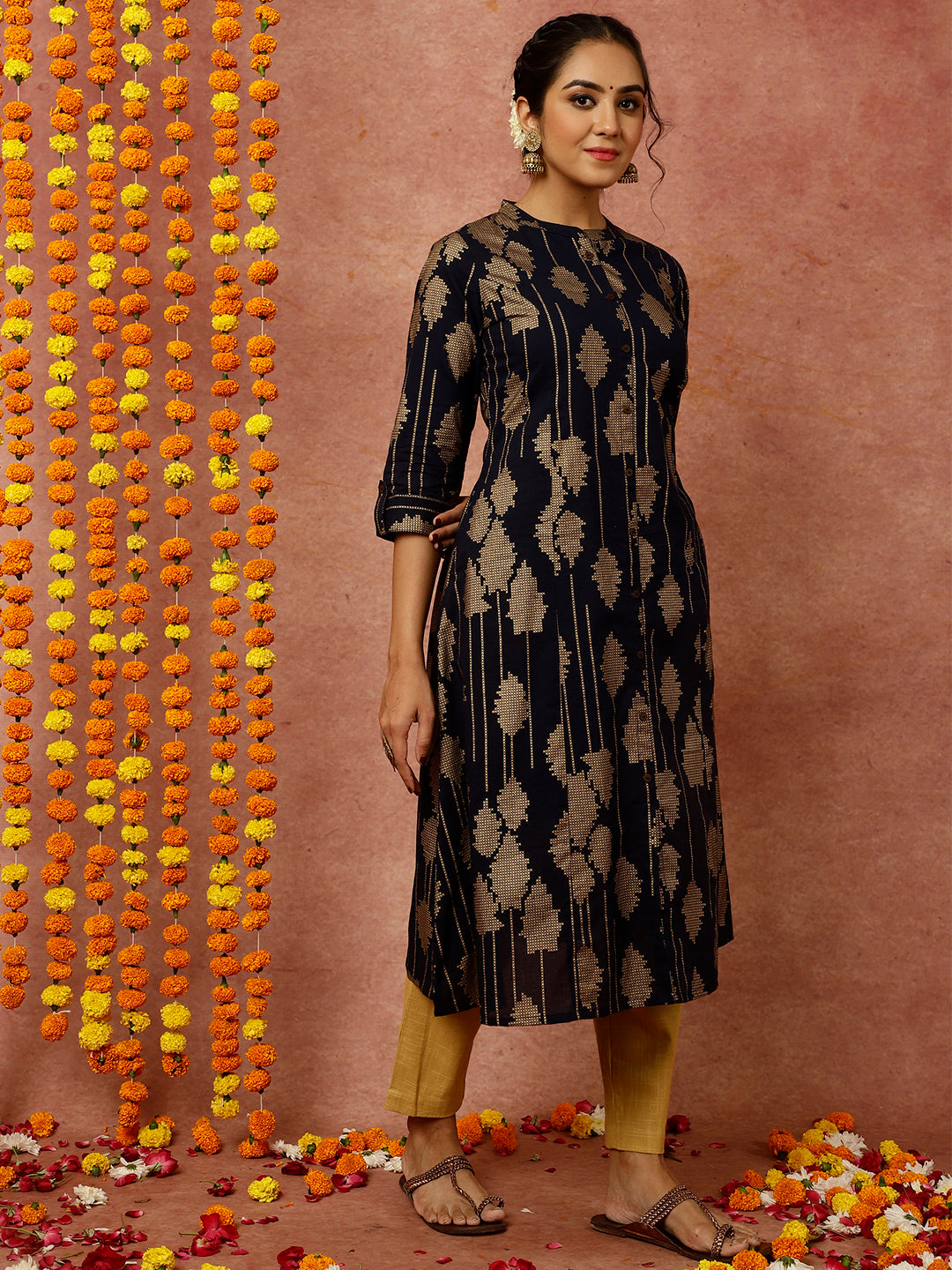Navy Blue Abstract Print A-line Kurta