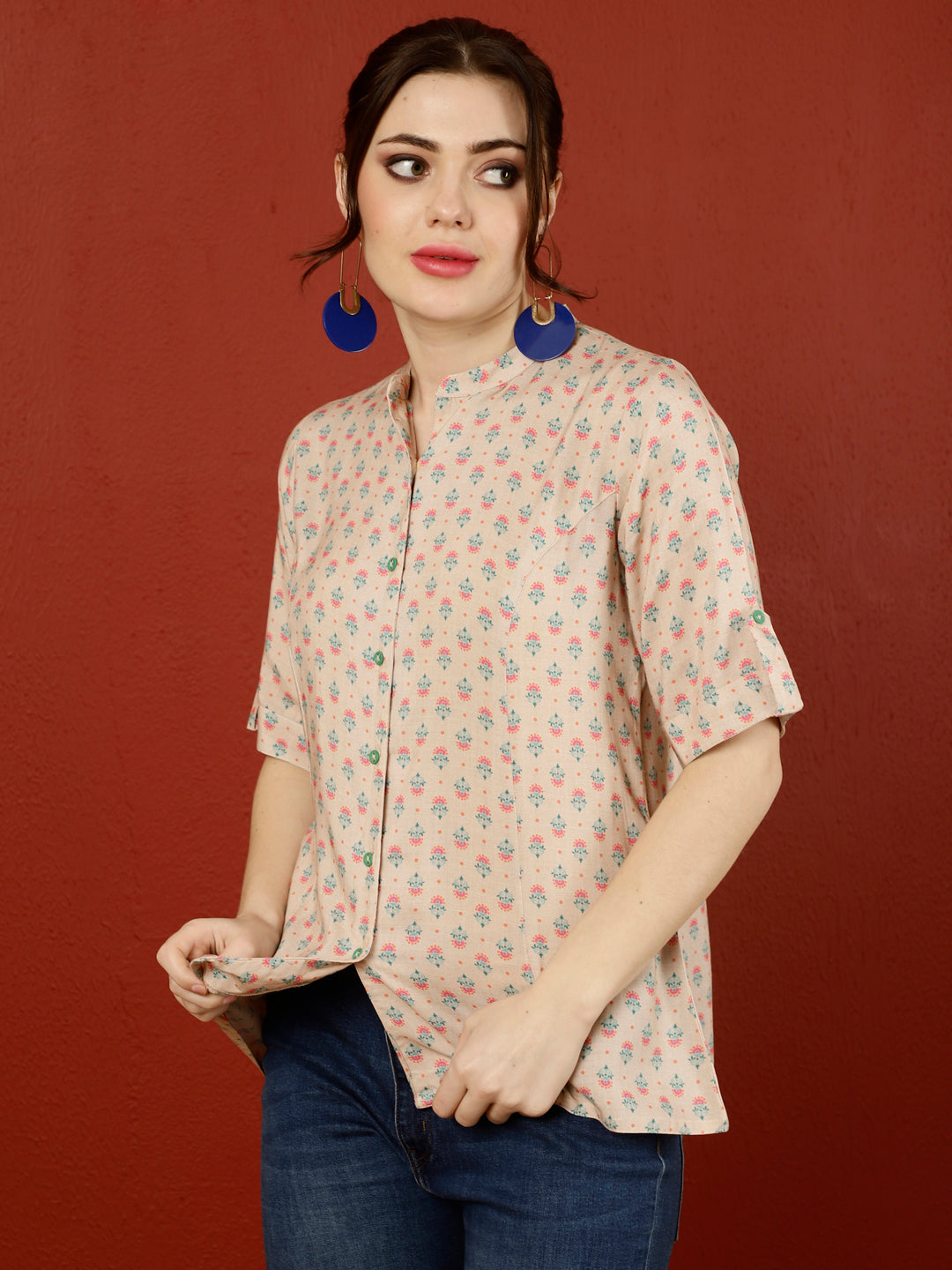 Beige Ethnic Printed Princess Cut Formal Top