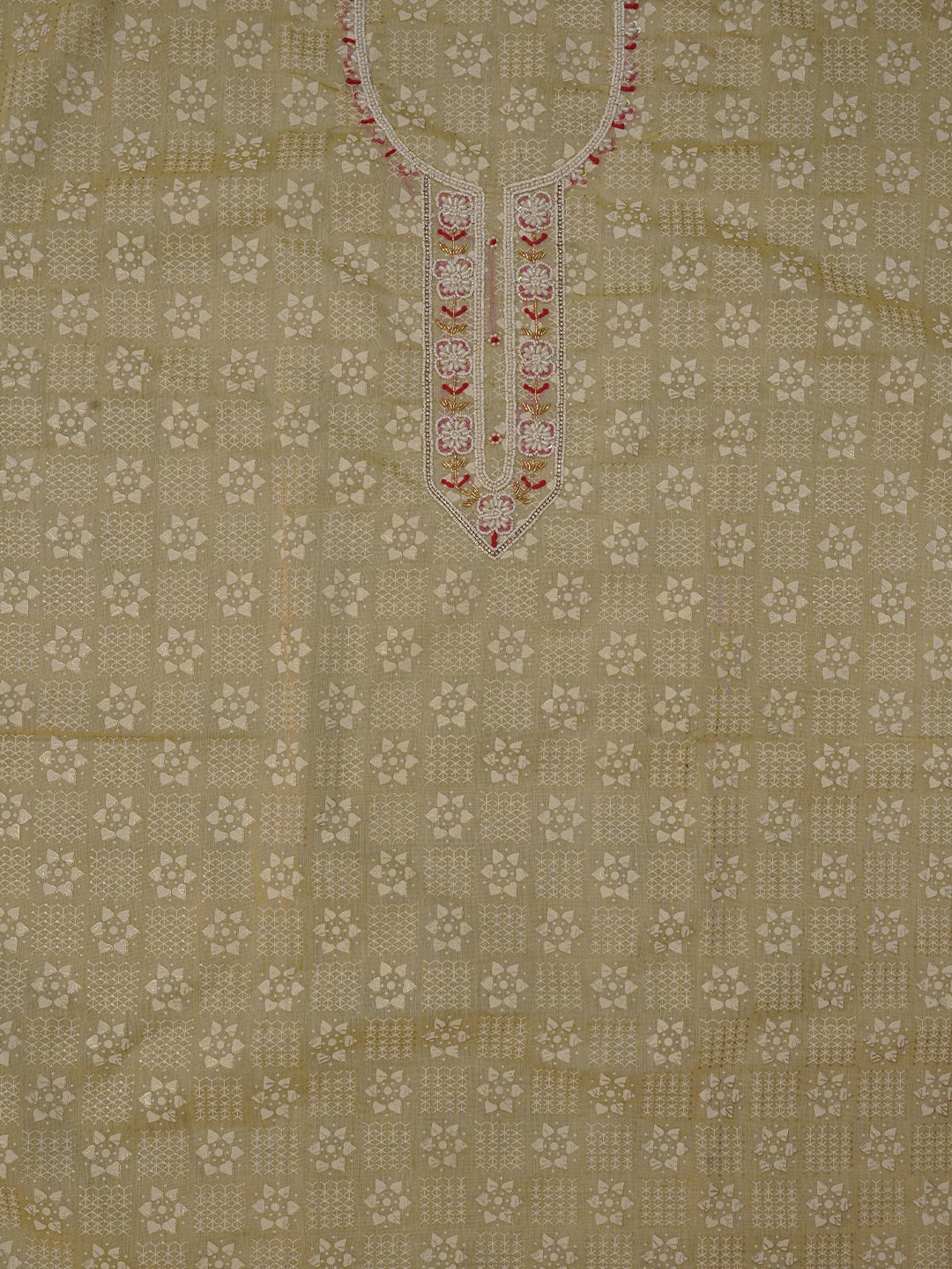 Yellow Printed Embellished Cotton Dress Material with Dupatta