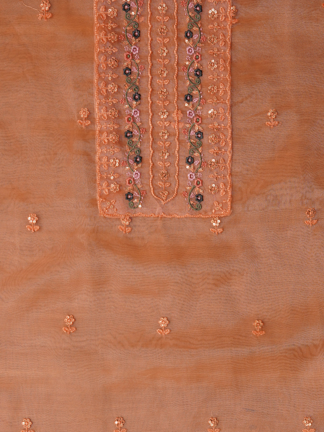 Unstitched Embroidered Orange Organza Dress Material With Dupatta