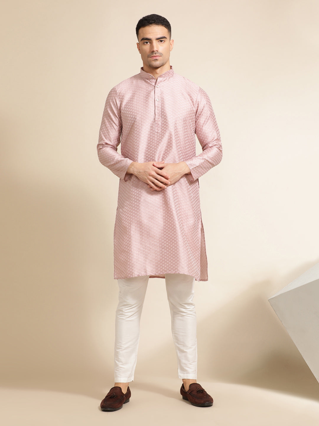 Pink Festive Kurta With Printed Nehru Jacket Set