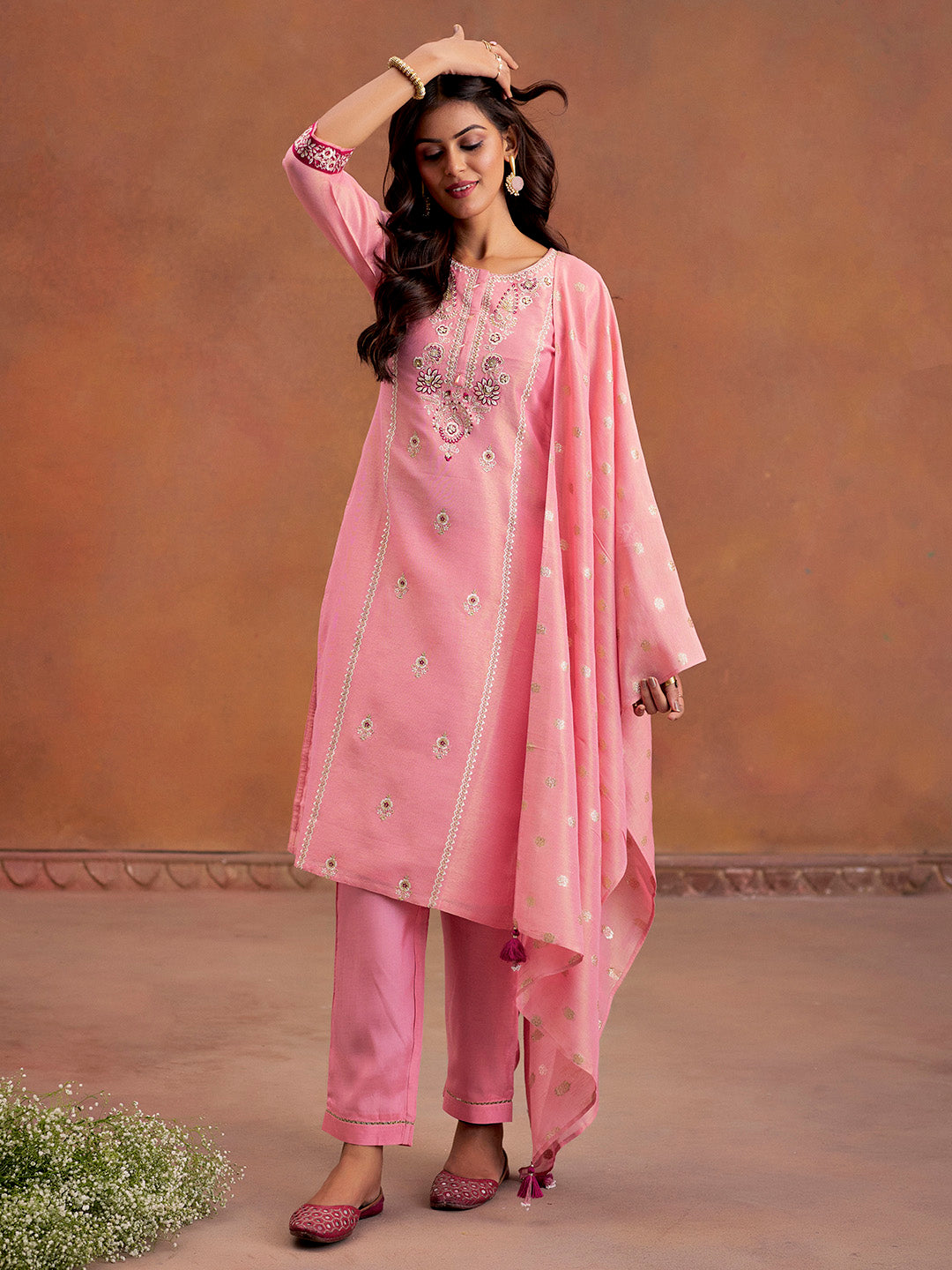 Pink Festive Zardozi Work Kurta Set With Dupatta
