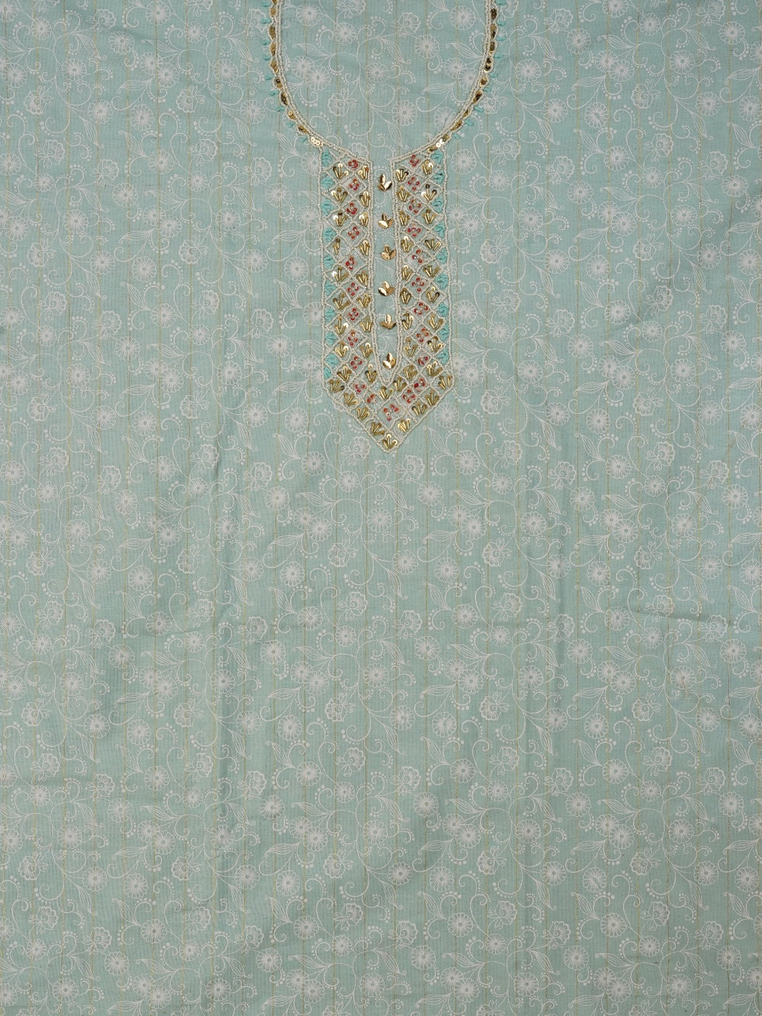 Sea Green Zari Embroidered Cotton Dress Material with Dupatta