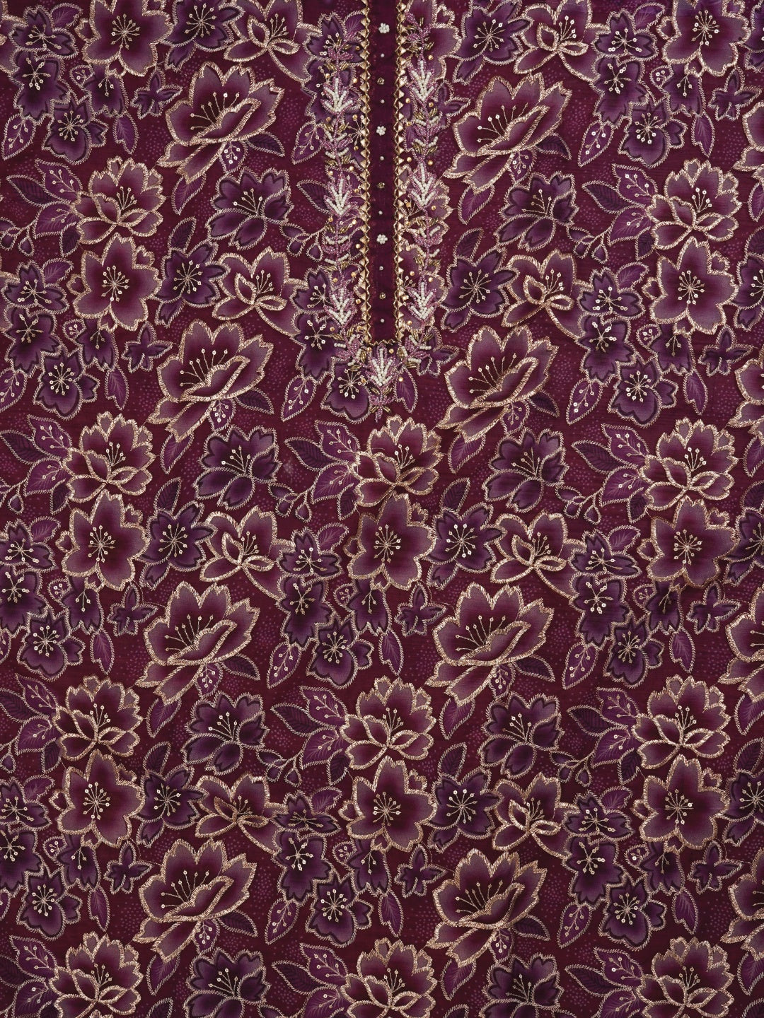 Purple Unstitched Embellished Organza Dress Material With Dupatta