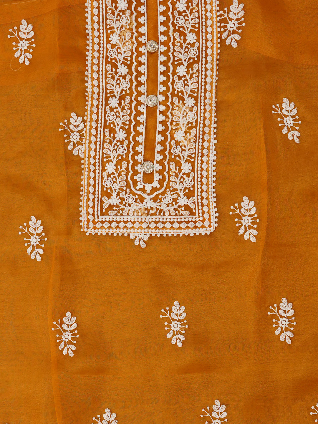 Orange Unstitched Embroidered Organza Dress Material With Dupatta