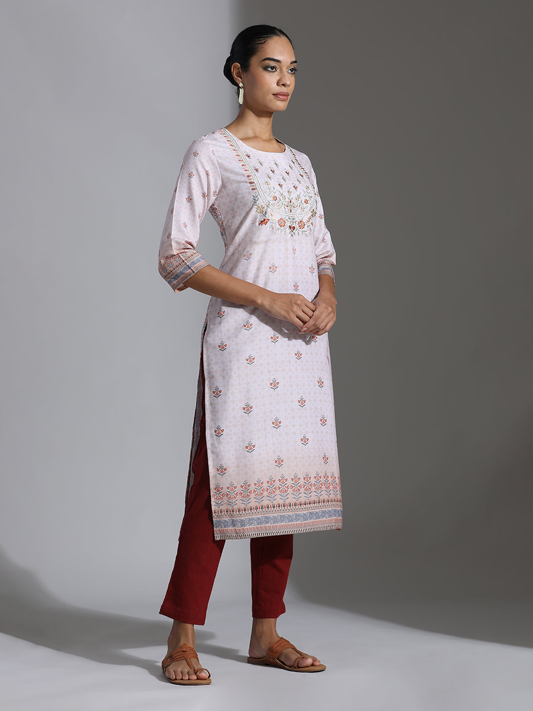 Beige Printed Poly Rayon Straight Kurta