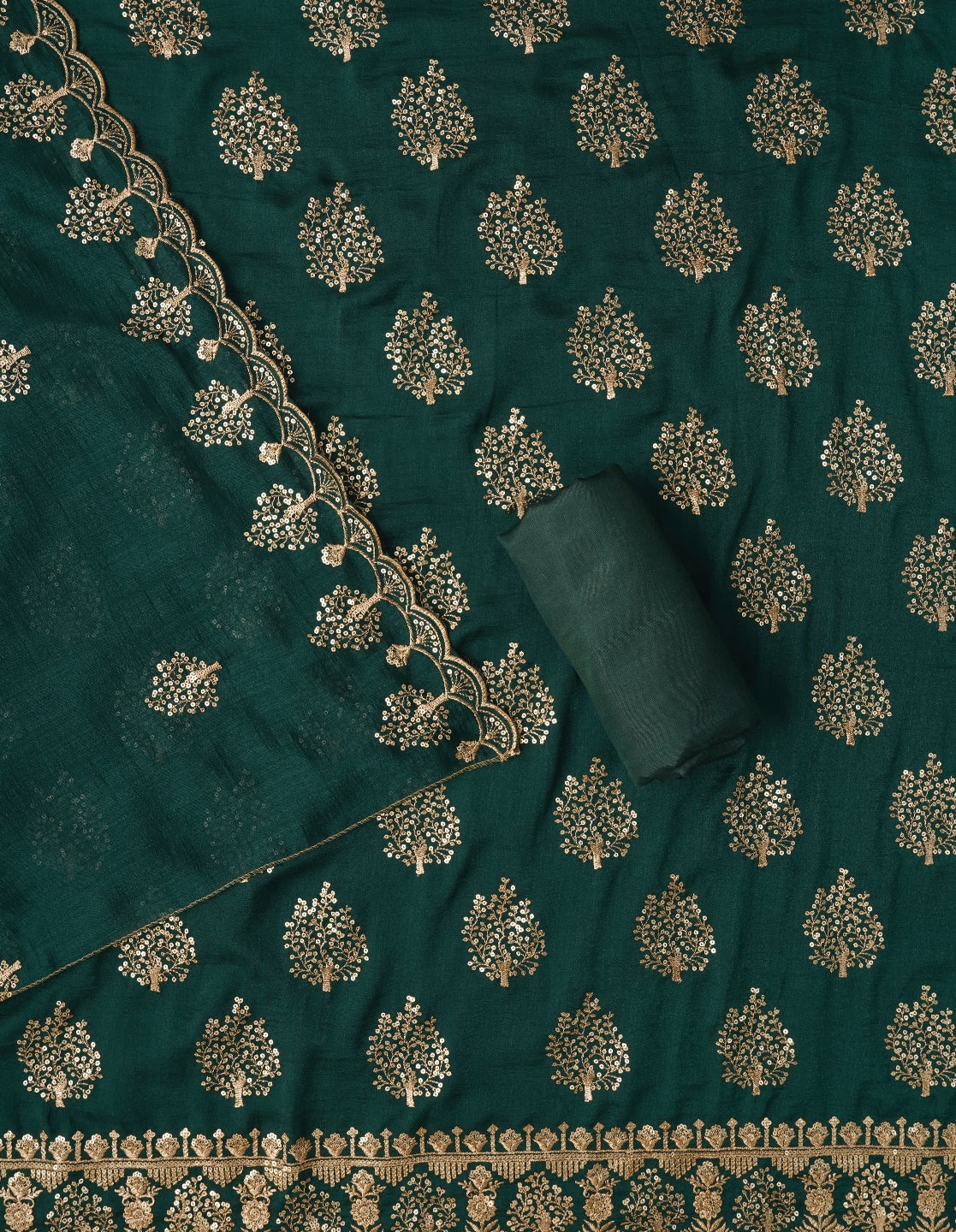 Green Sequin Work Cotton Blend Dress Material with Dupatta