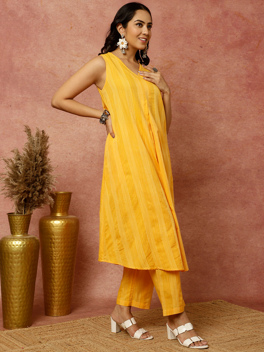 Yellow Sleeveless A-line Kurta With Pants Co-ord Set