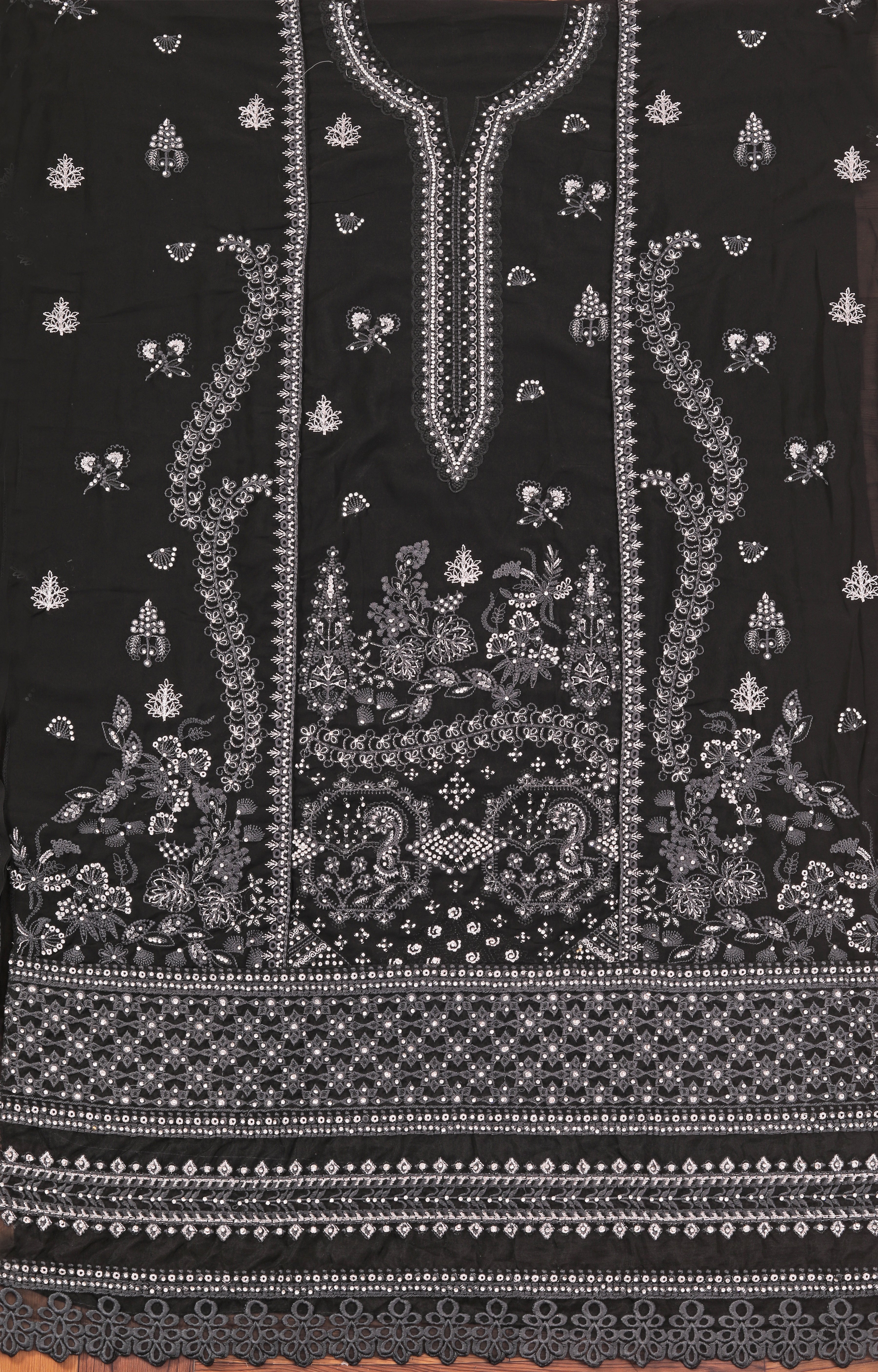 Black Heavy Embroidered Poly Georgette Dress Material with Dupatta