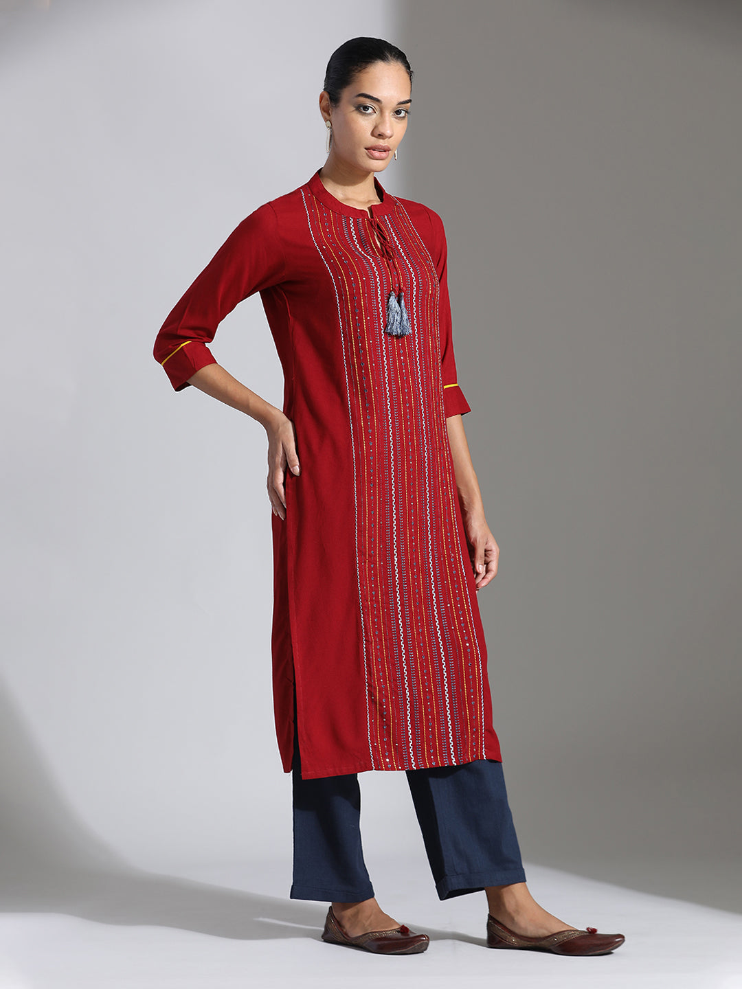 Maroon Embroidered Rayon Straight Kurta