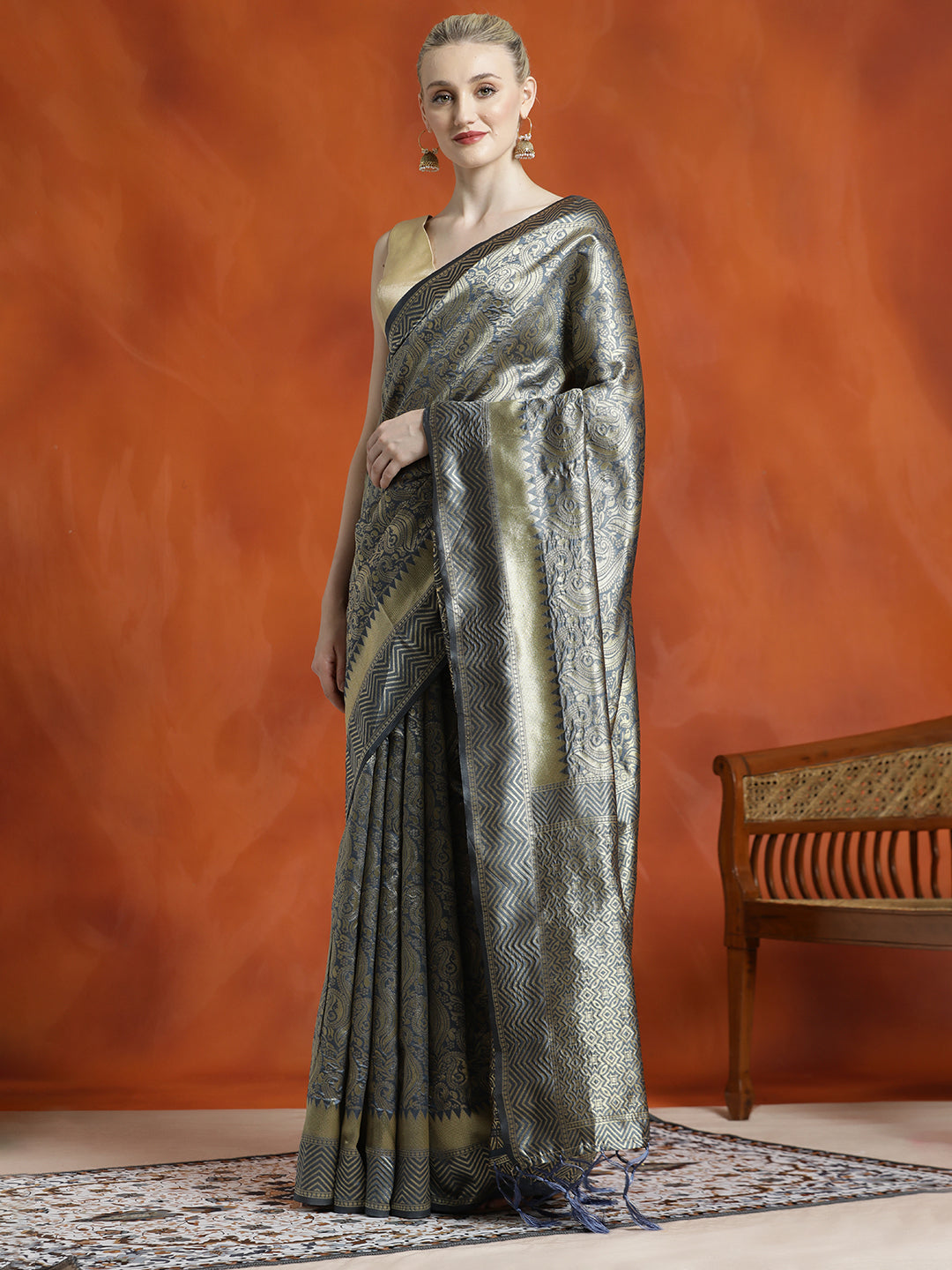 Heavy Banarasi Zari Woven Silk Blend Grey Saree