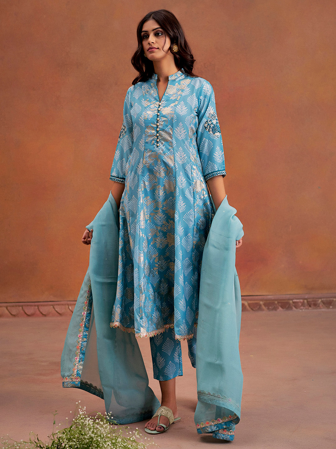 Blue Embroidered Bandhani Printed Festive Anarkali Kurta Set With Dupatta