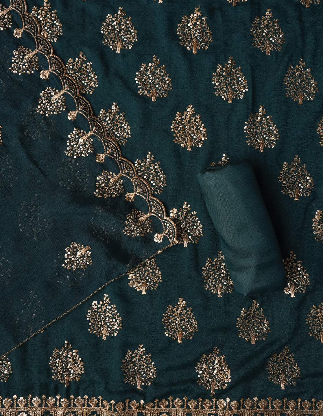 Teal Sequin Work Cotton Blend Dress Material with Dupatta