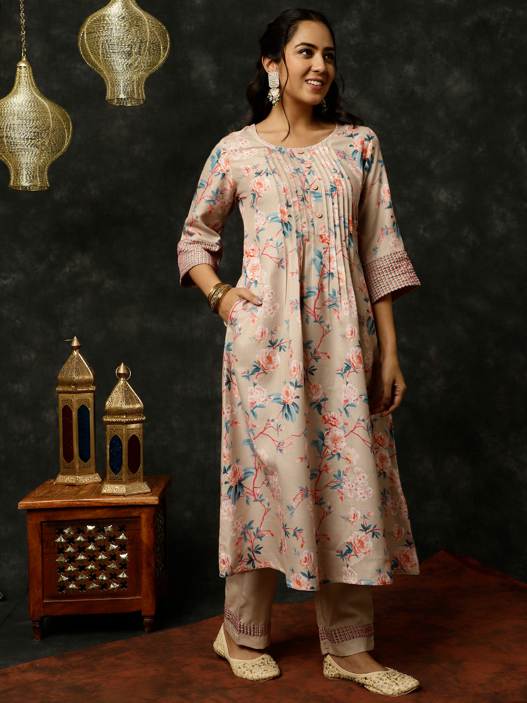 Embroidered Beige Rose Print Pleated Pakistani Kurta With Pants And Dupatta