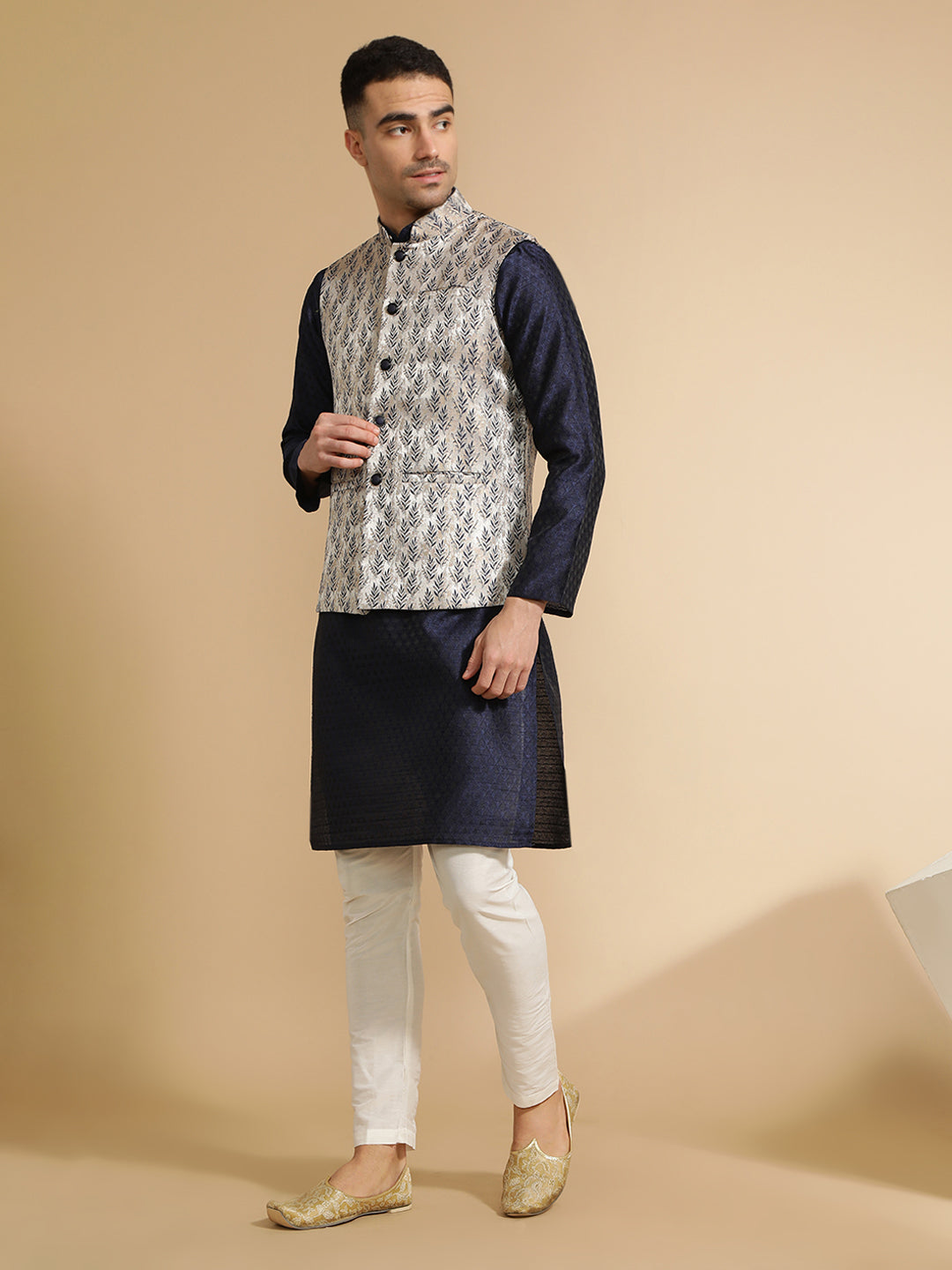 Festive Kurta With Printed Nehru Jacket Set