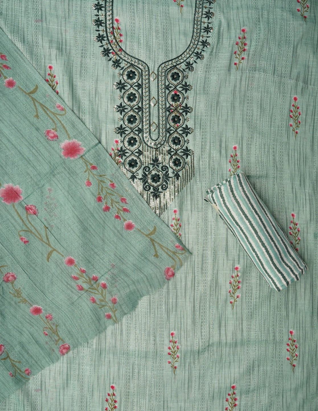Green Embroidered Pure Cotton Dress Material with Dupatta