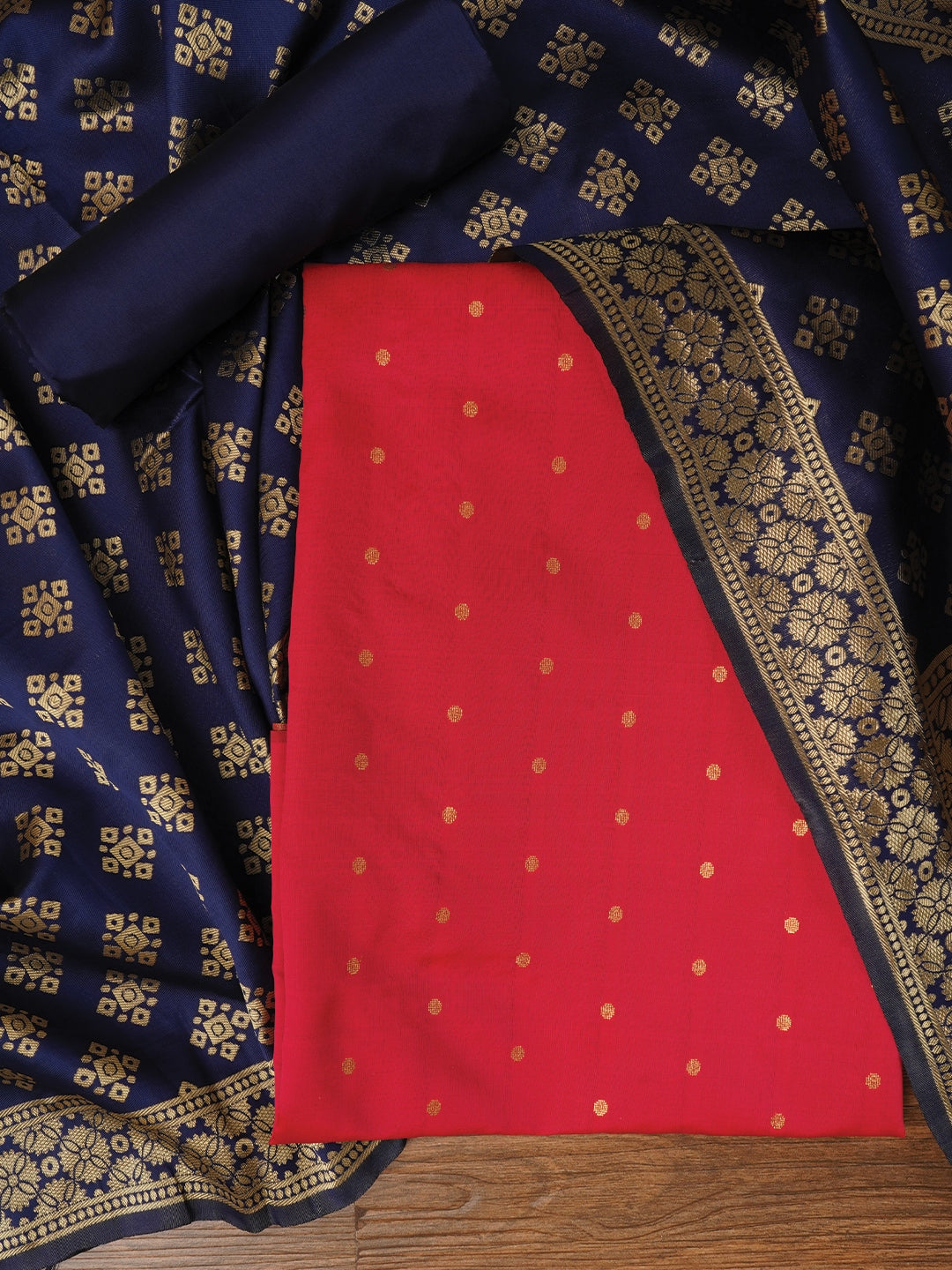 Peach Zari Woven Silk Blend Dress Material With Dupatta