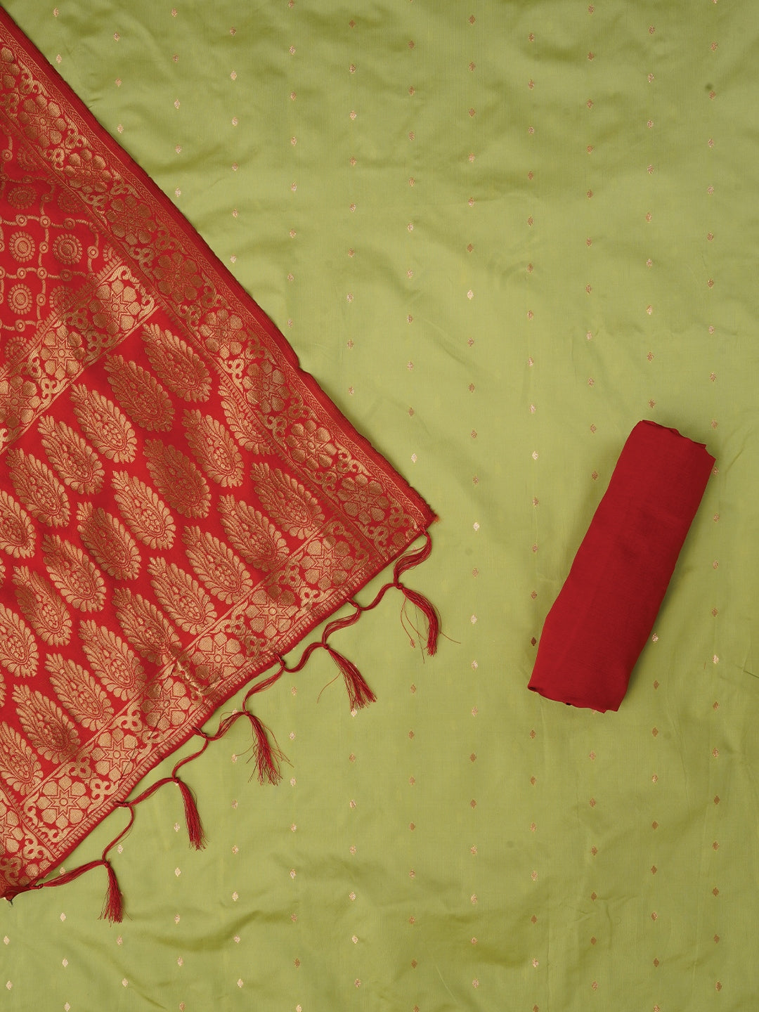 Pista Green Zari Woven Silk Blend Dress Material With Dupatta