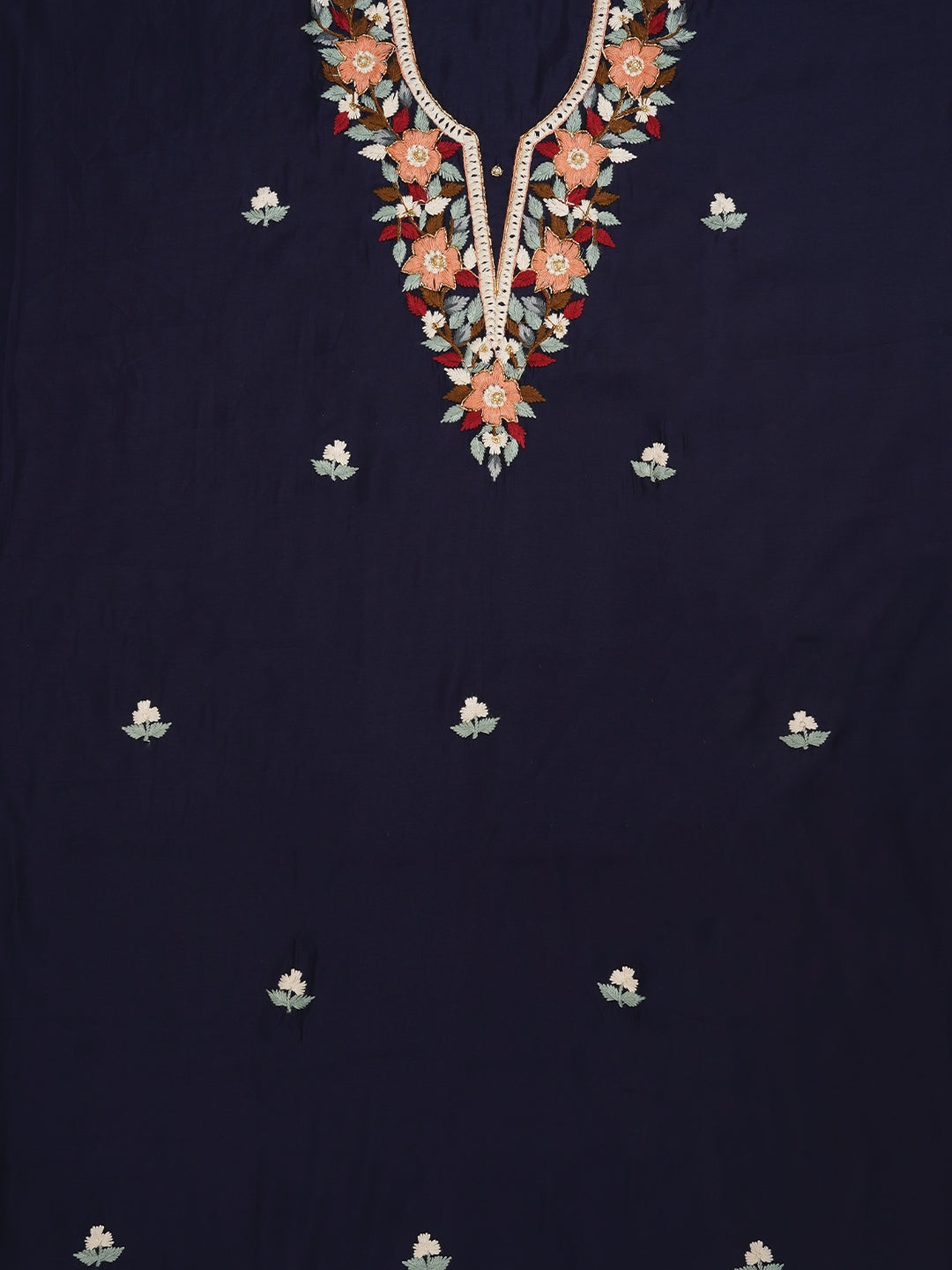 Navy Blue Pure Silk Lucknowi Embroidered Dress Material with Dupatta