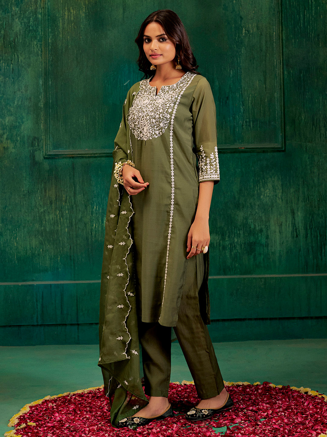 Dark Green Resham Embroidered Festive Kurta Set With Dupatta