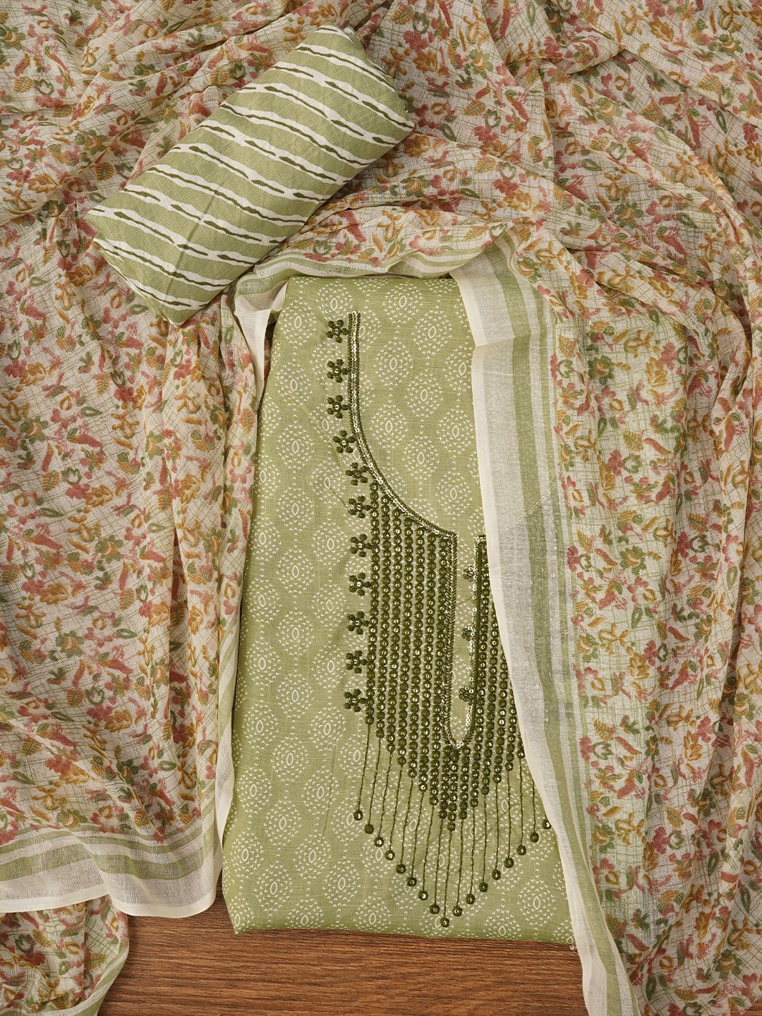 Green Embroidered Cotton Blend Dress Material with Dupatta