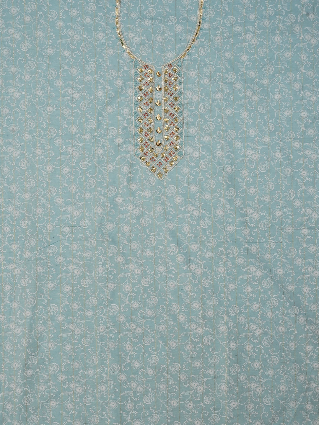 Sky Blue Zari Embroidered Cotton Dress Material with Dupatta